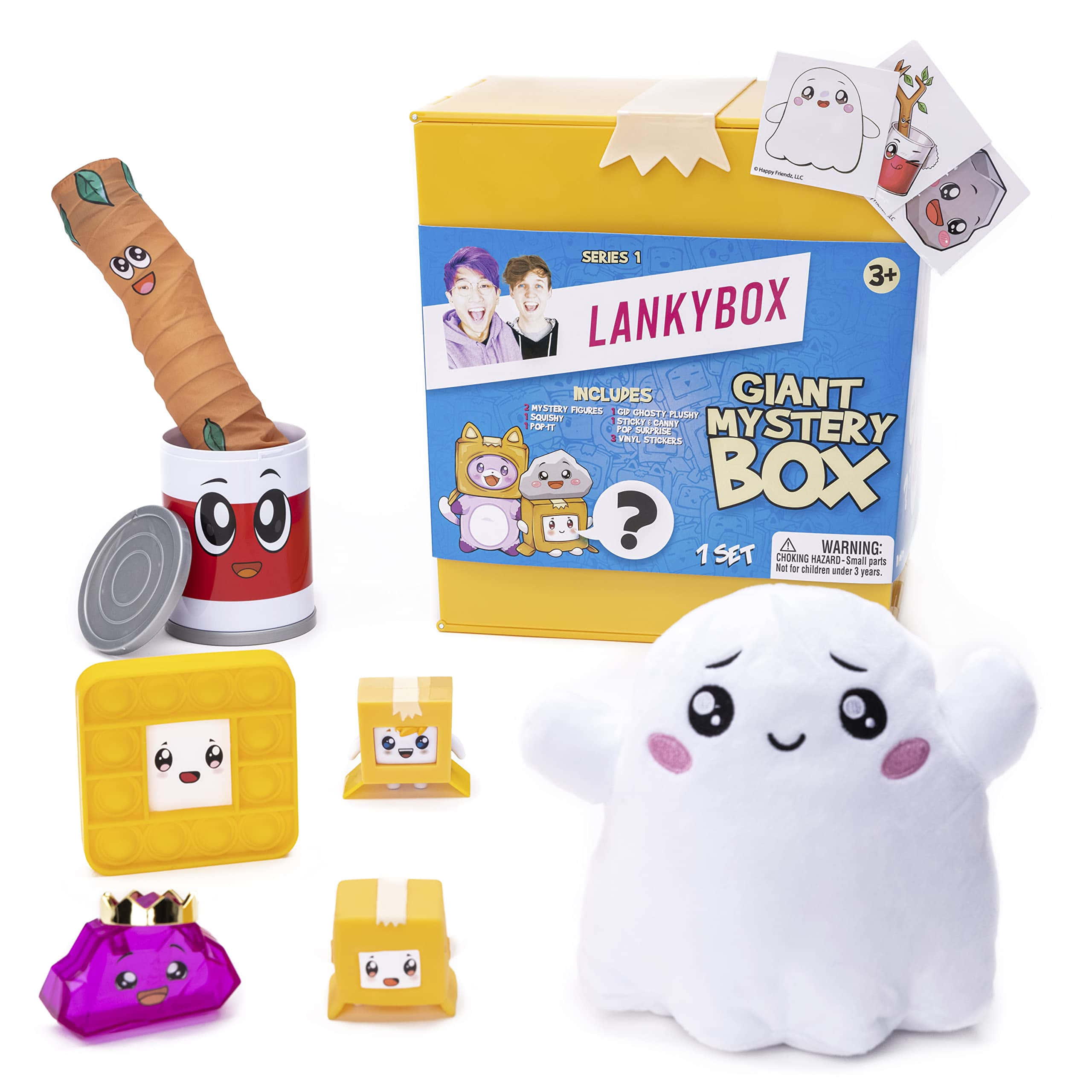 Lankybox 桌布 壁紙 — 色彩繽紛的Lankybox玩具套裝，包含可愛的毛絨角色，如從罐子裡冒出來的幽靈和胡蘿蔔。