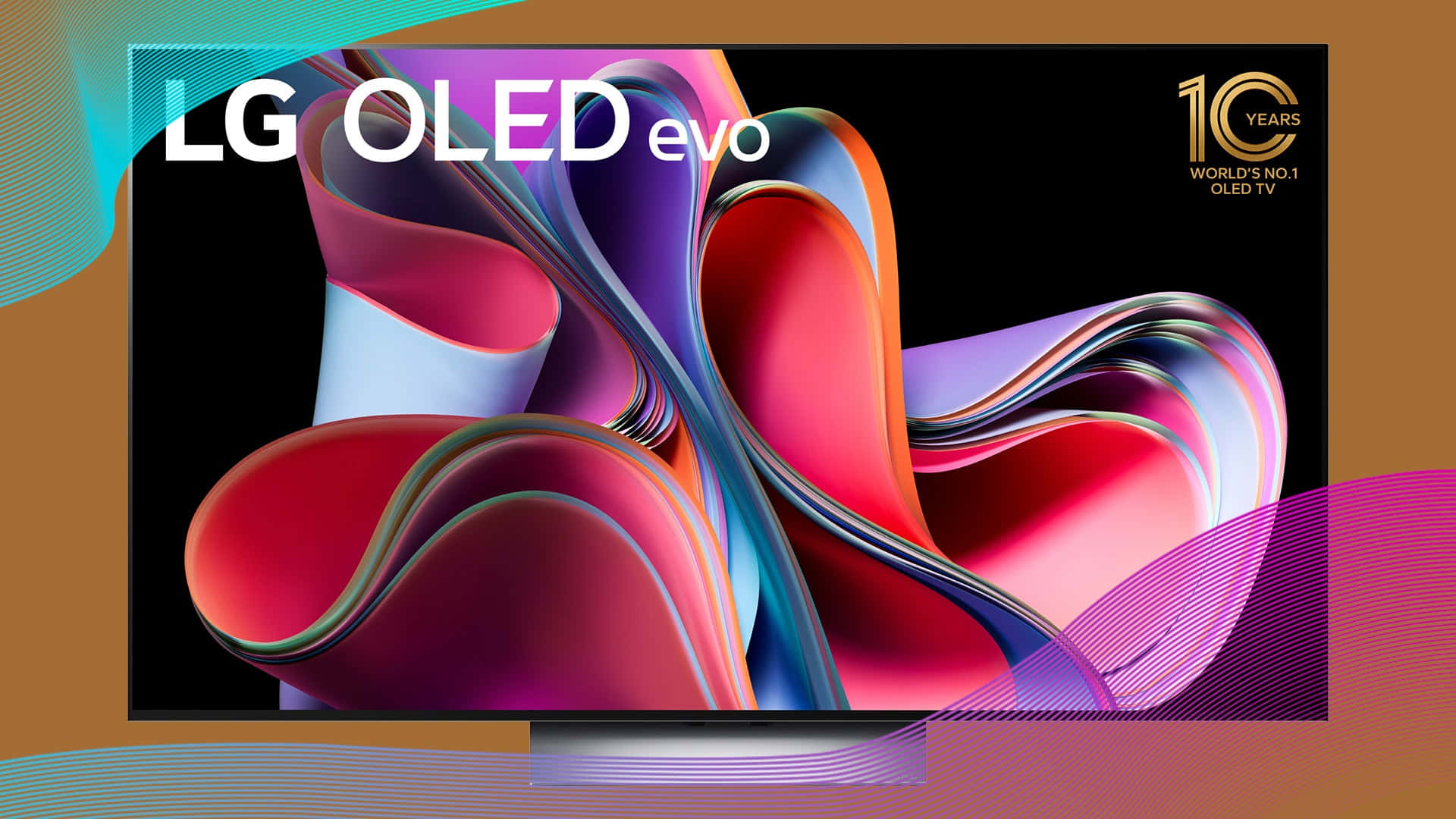 色彩繽紛的LG OLED畫面 壁紙 — 時尚的LG OLED evo電視在黑色屏幕上顯示出紅色、紫色和藍色的鮮豔抽象漩渦。