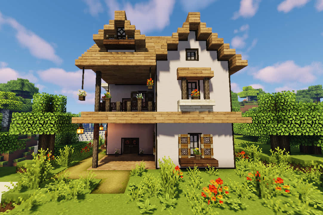 藍天下，綠色庭院中帶有木樑和花箱的Minecraft風格房屋。