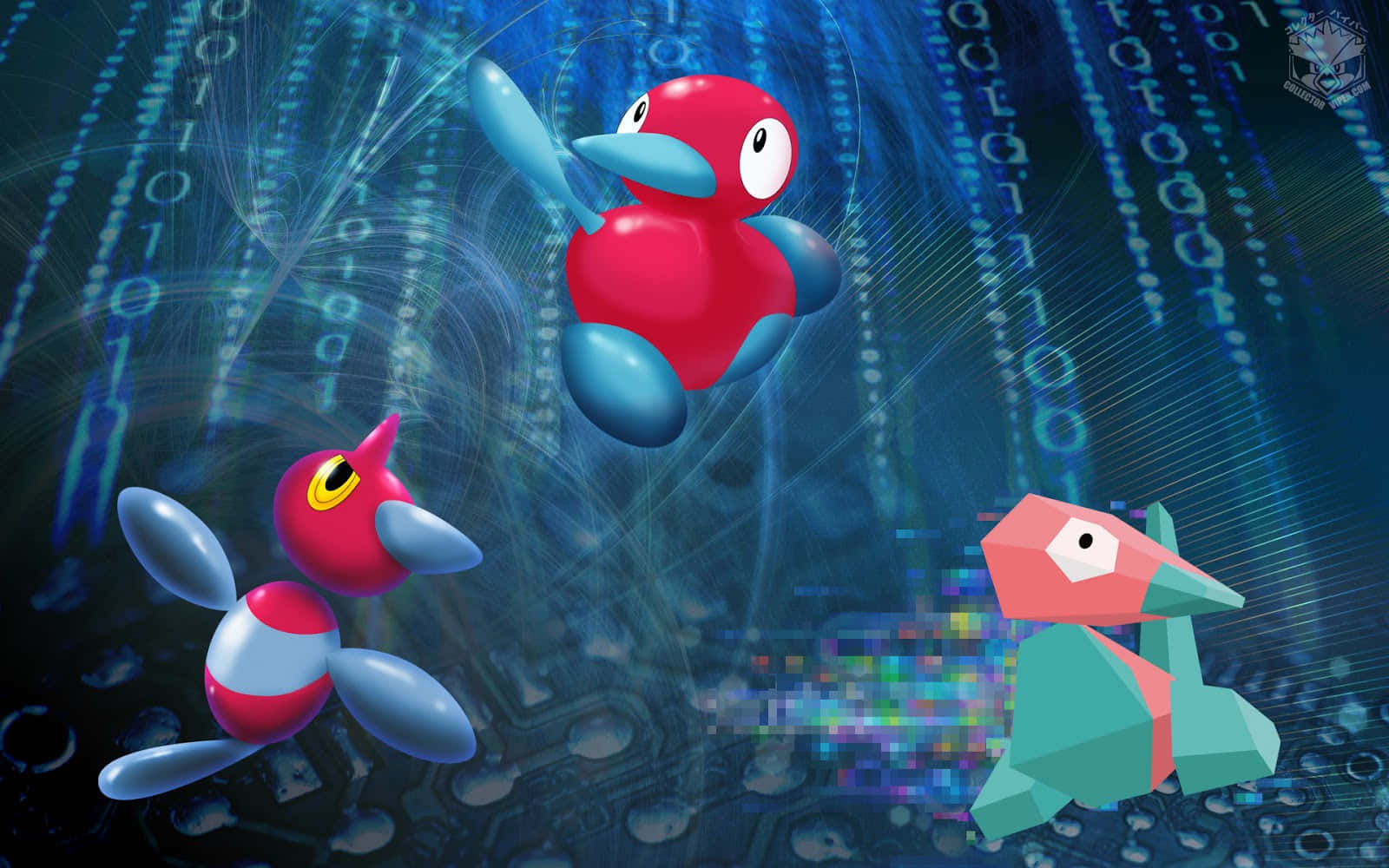 色彩繽紛的Porygon-Z插畫 — 寶可夢角色 壁紙 — 三隻風格化的寶可夢在發光的二進制代碼和電路中漂浮於數碼夢境中。