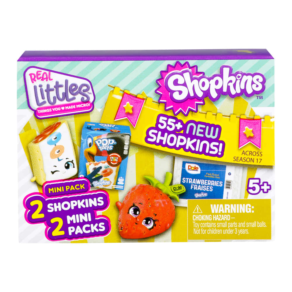 Shopkins 桌布 壁紙 — 色彩繽紛的Shopkins玩具盒，內有可愛的微型公仔，造型像食物，有大眼睛和鮮豔包裝。