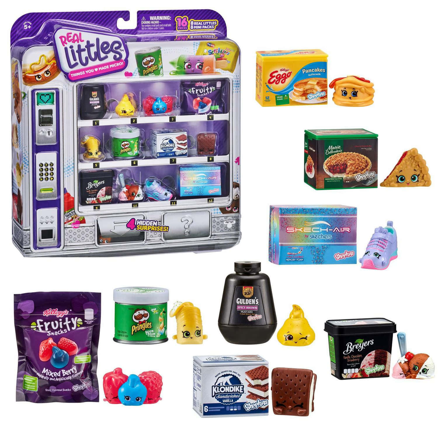 Shopkins 桌布 壁紙 — 色彩繽紛的Shopkins玩具系列，包含帶有臉孔的微型食物，圍繞著一部自動販賣機玩具排列。