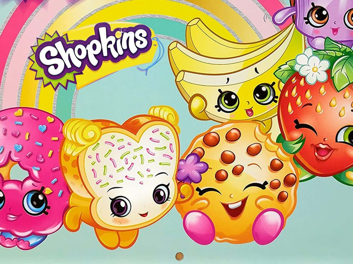 Shopkins 桌布 壁紙 — 色彩繽紛的Shopkins角色，如香蕉多士和士多啤梨微笑，配以彩虹背景。