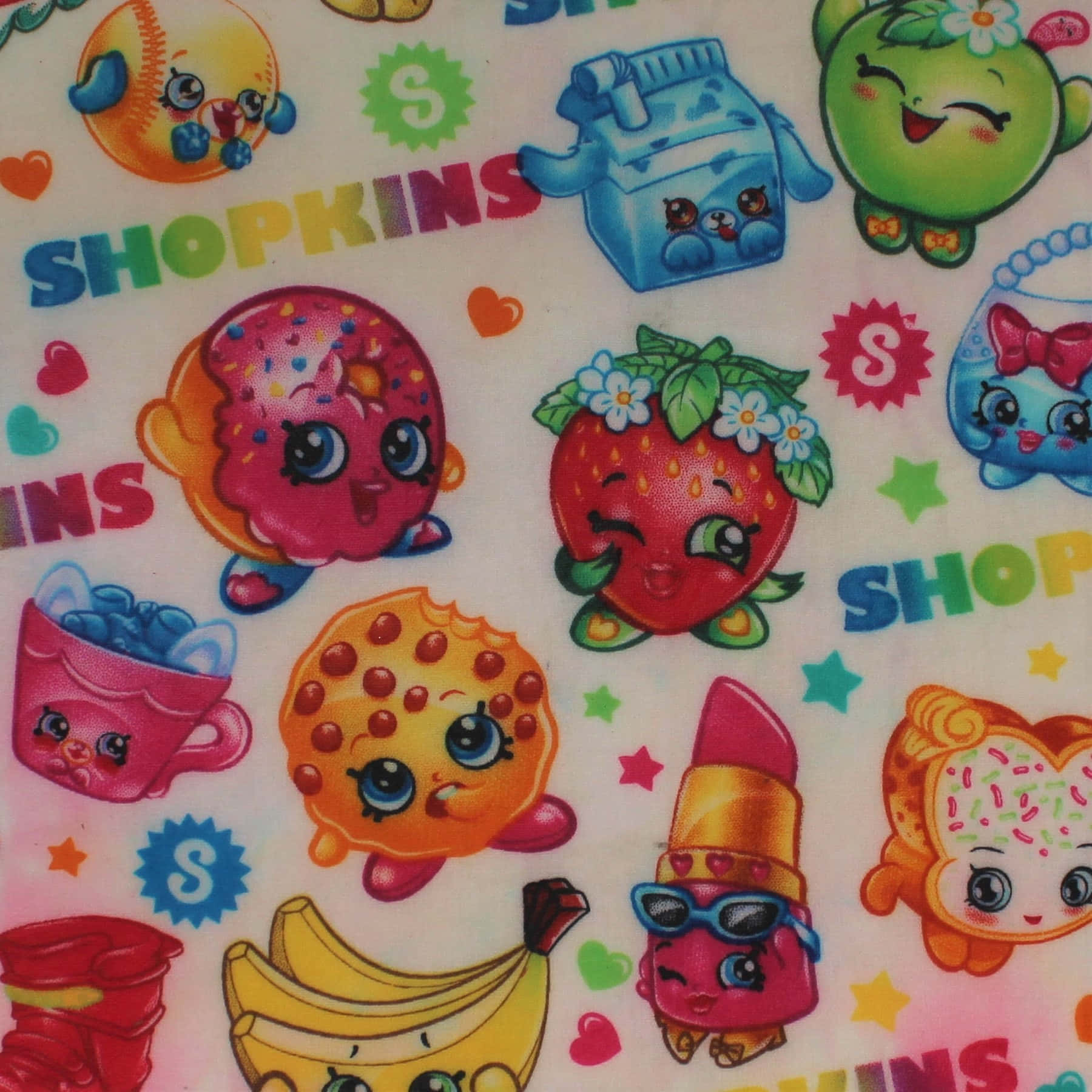 Shopkins 桌布 壁紙 — 色彩繽紛的Shopkins角色，如草莓餅乾和唇膏微笑，在明亮的圖案背景上。