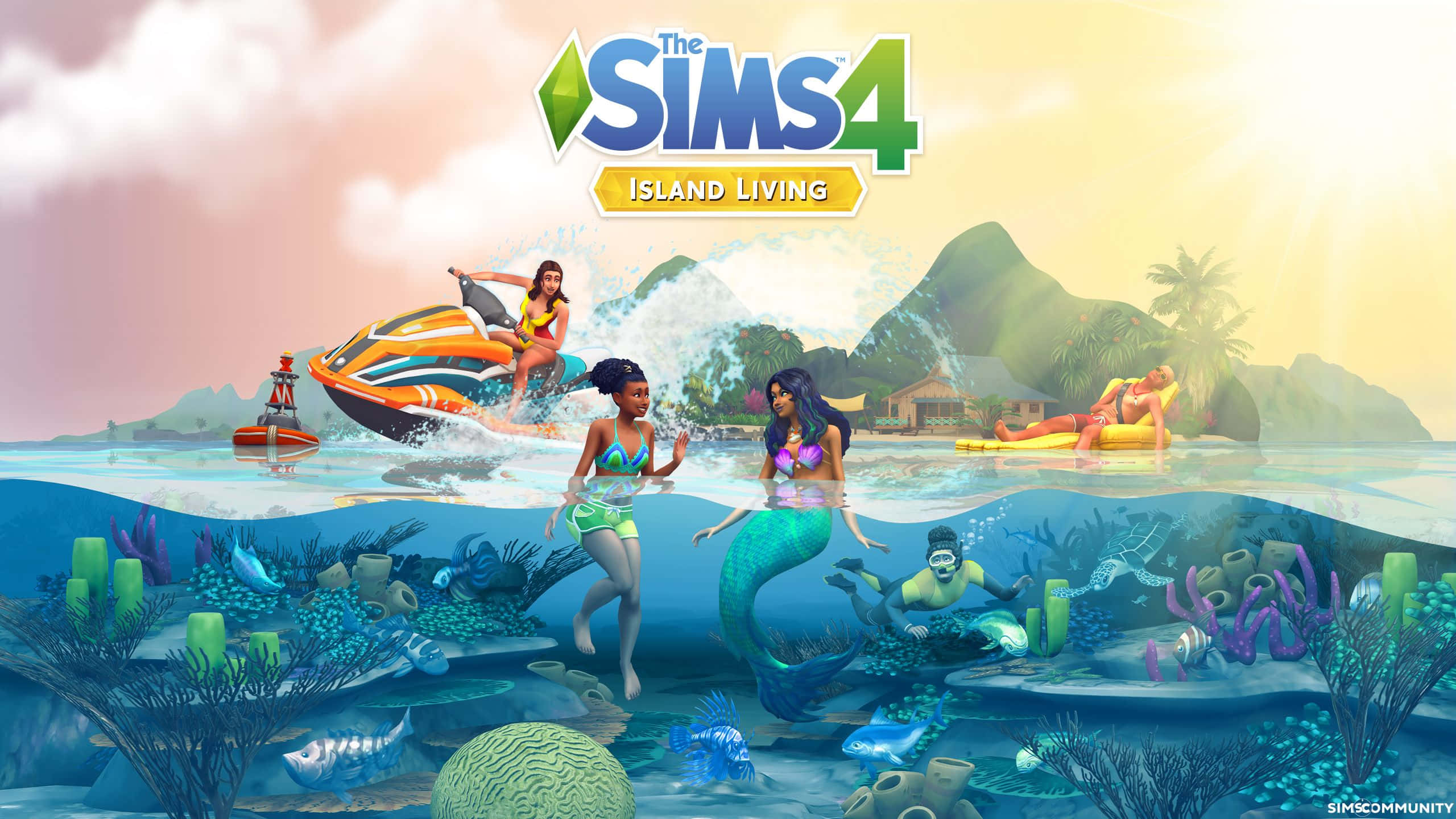 The Sims 4 桌布 壁紙 — 色彩繽紛的Sims角色在溫暖的日落天空下，於分開的海洋場景中享受島嶼生活，包括水上電單車和美人魚。