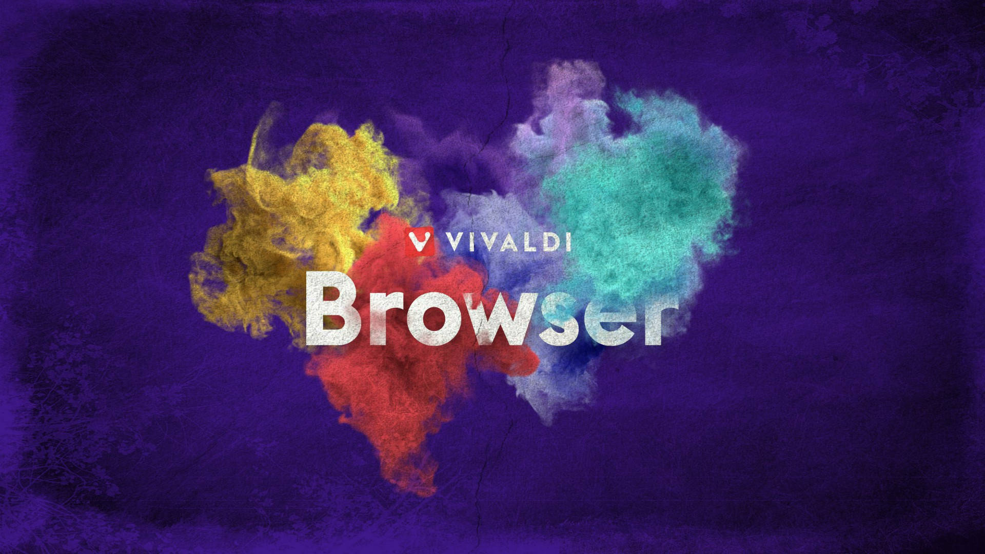 色彩繽紛的Vivaldi瀏覽器 壁紙 — 鮮豔的彩色粉末在Vivaldi Browser標誌後方形成心形爆炸，背景為帶紋理的紫色。