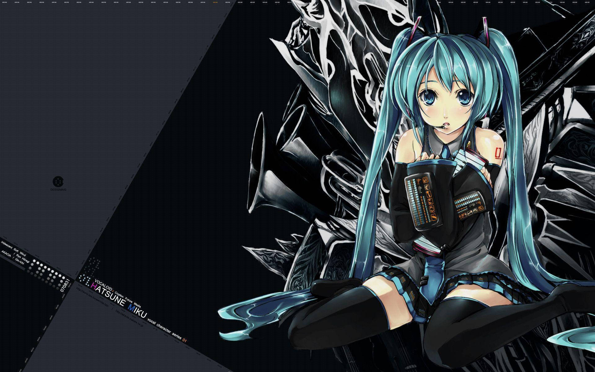 動漫女孩初音未來，藍綠色頭髮和機械翅膀，在黑暗環境中。
