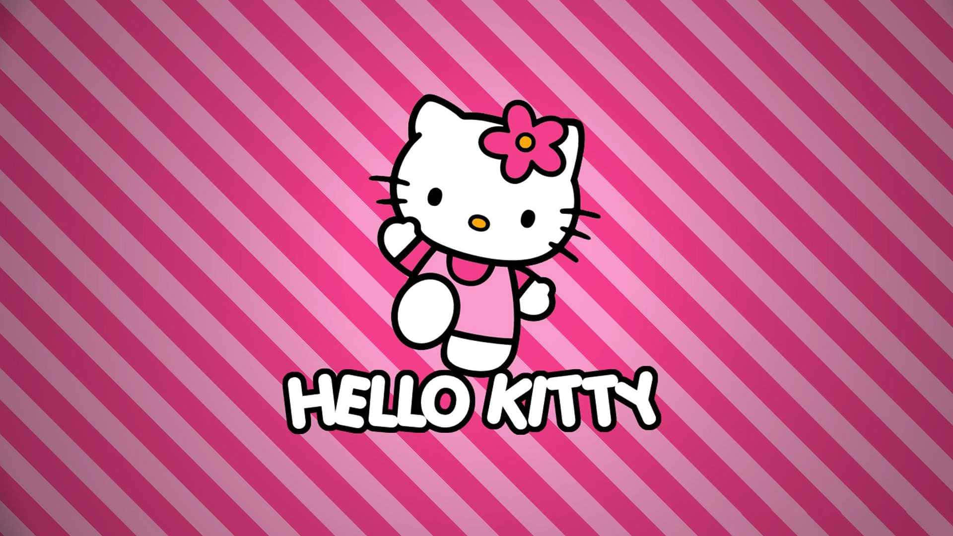 Hello Kitty 在粉紅色斜紋背景上戴著粉紅色花朵蝴蝶結揮手。