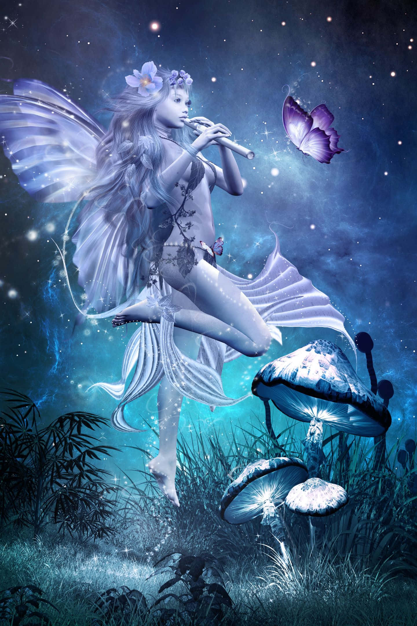 色彩繽紛的世界 壁紙 — 一位閃耀的仙子擁有半透明翅膀，在星空下閃爍的蘑菇旁吹奏長笛。
