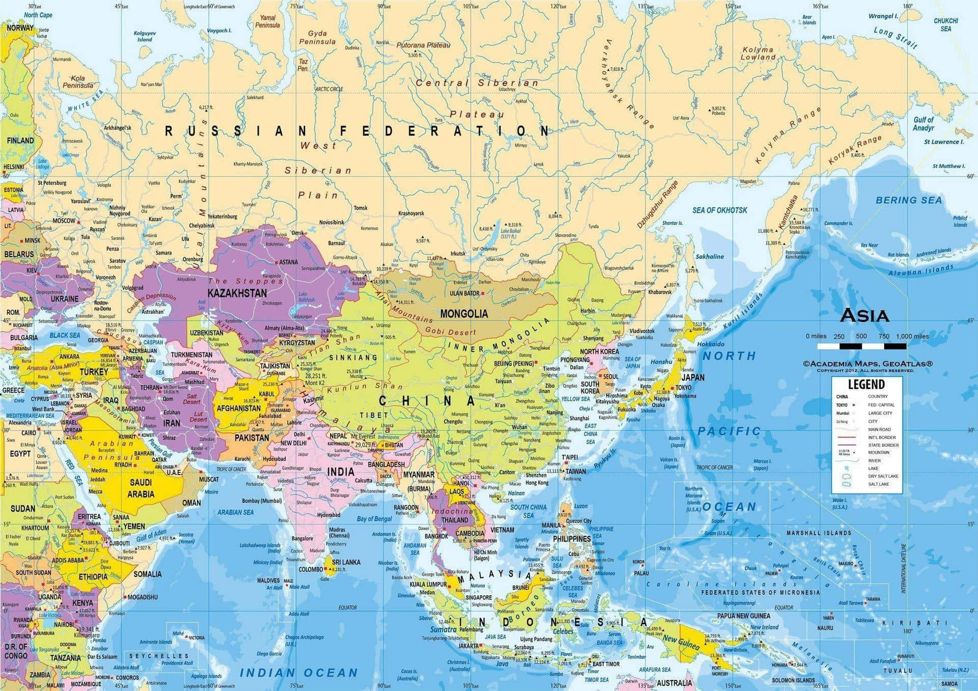 亞洲政治地圖，標有國家和海洋名稱。