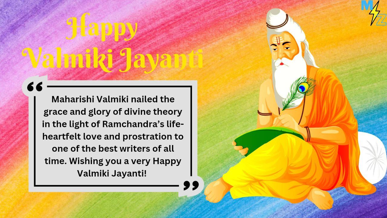 插圖中的聖人瓦爾米基在彩虹背景和Happy Valmiki Jayanti文字下，在一片葉子上書寫。