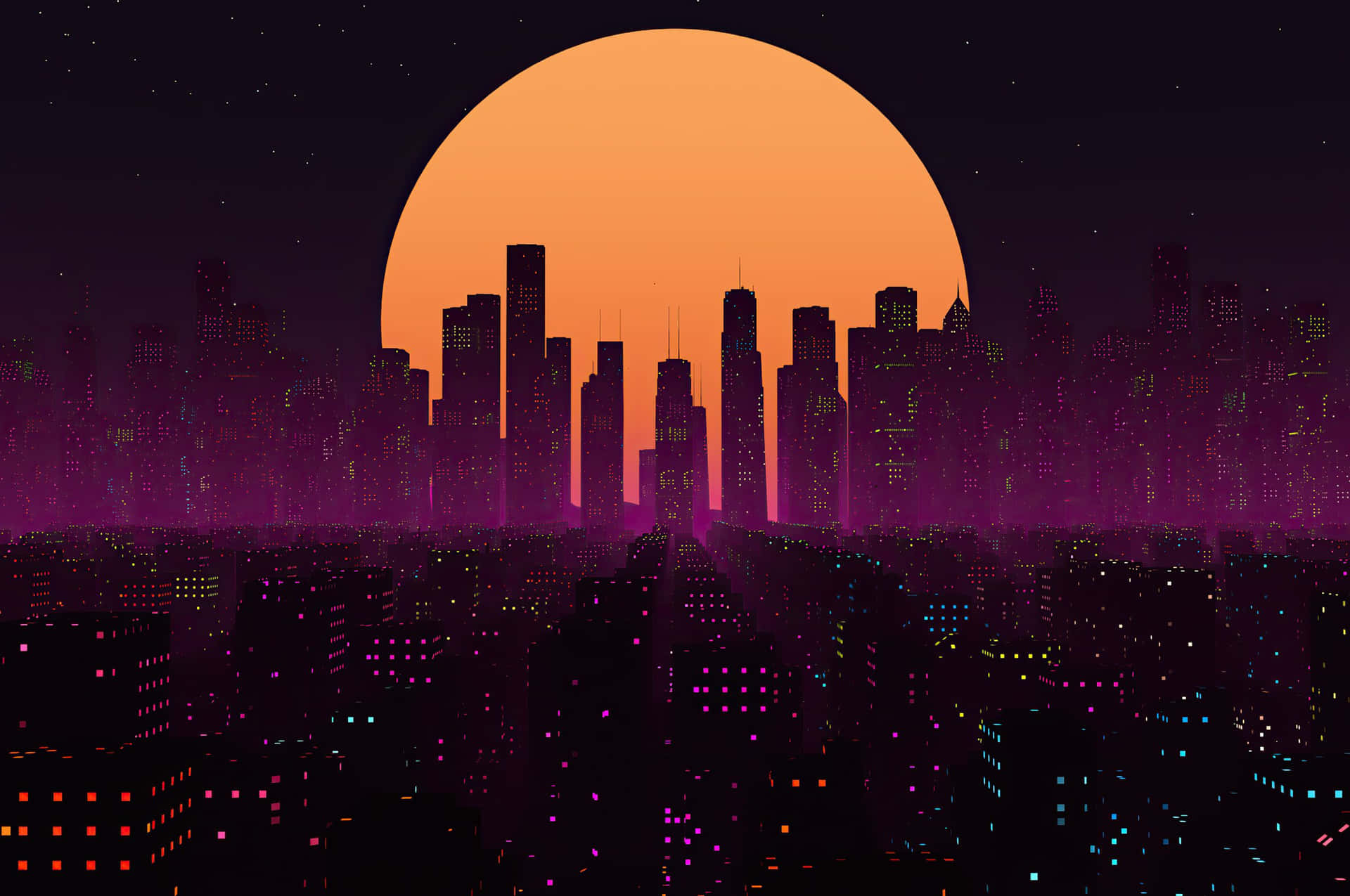 夜晚的城市天際線，發光的建築物和一個巨大的橙色太陽在它們後面落下。