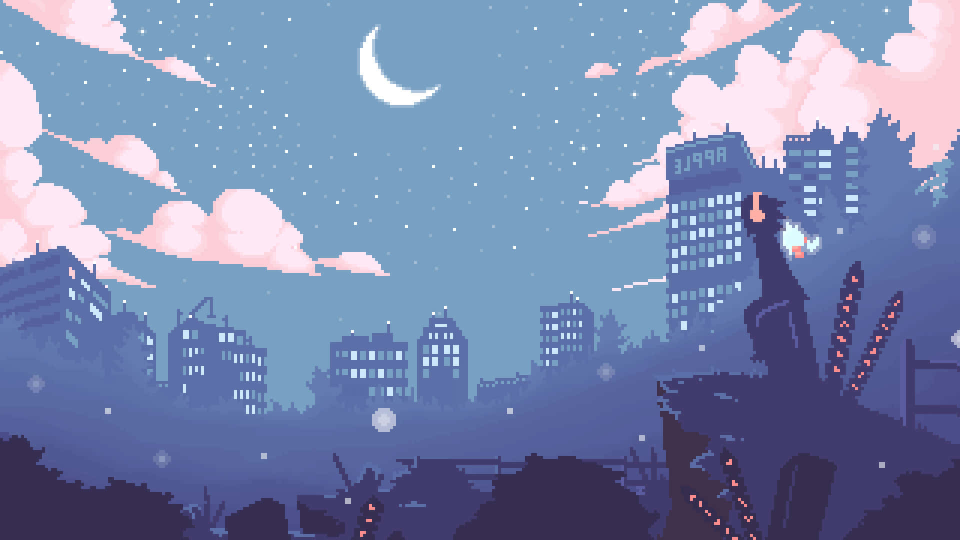 像素藝術城市天際線夜景，帶有新月和粉紅雲彩。