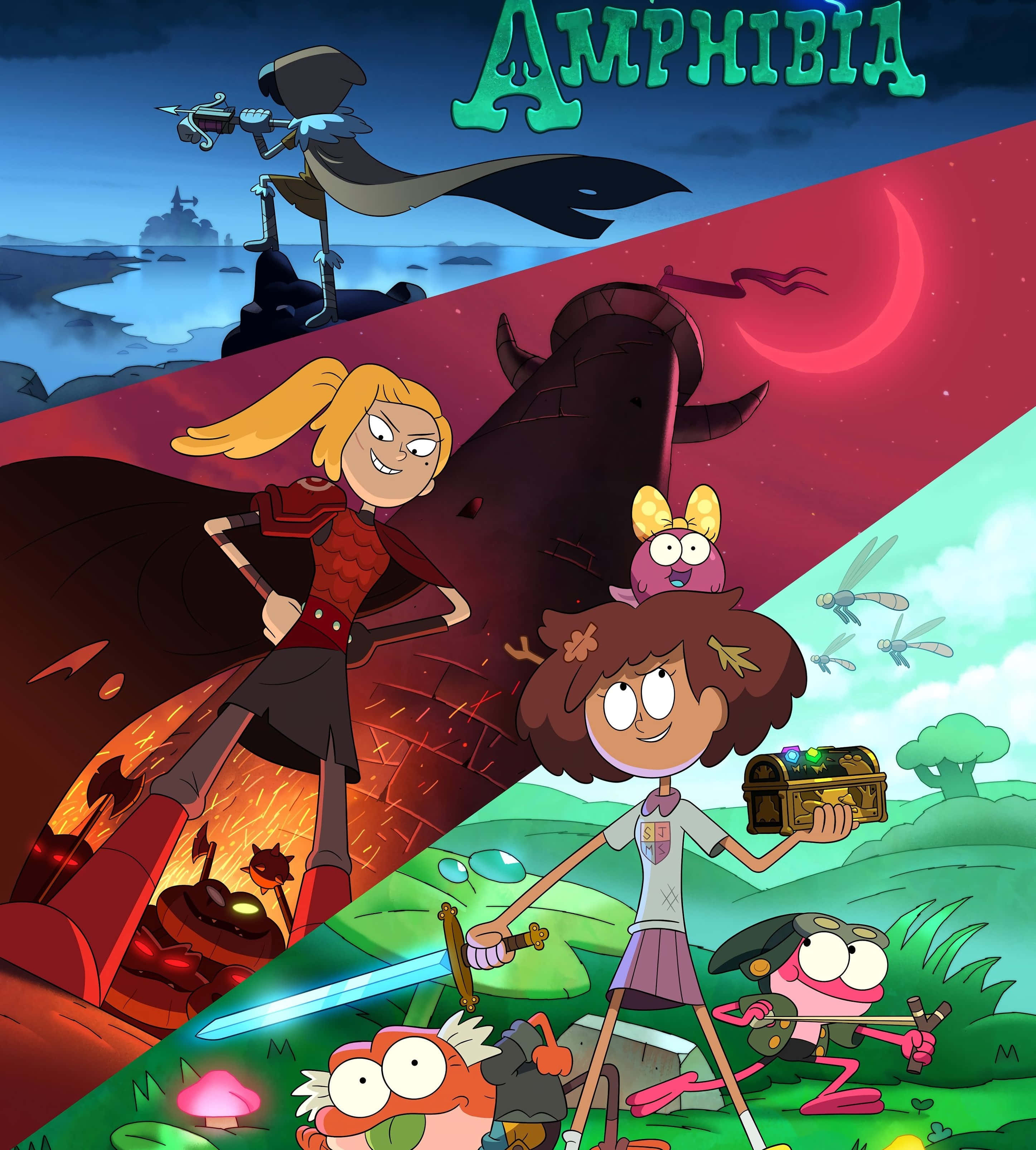 「色彩繽紛的兩棲動物」 壁紙 — 一幅充滿活力的動畫海報，為《Amphibia》設計，角色處於新月下火熱危險與翠綠冒險的分割場景中。