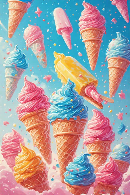 漂浮的粉彩雪糕筒和冰棒，配有星星和五彩紙屑