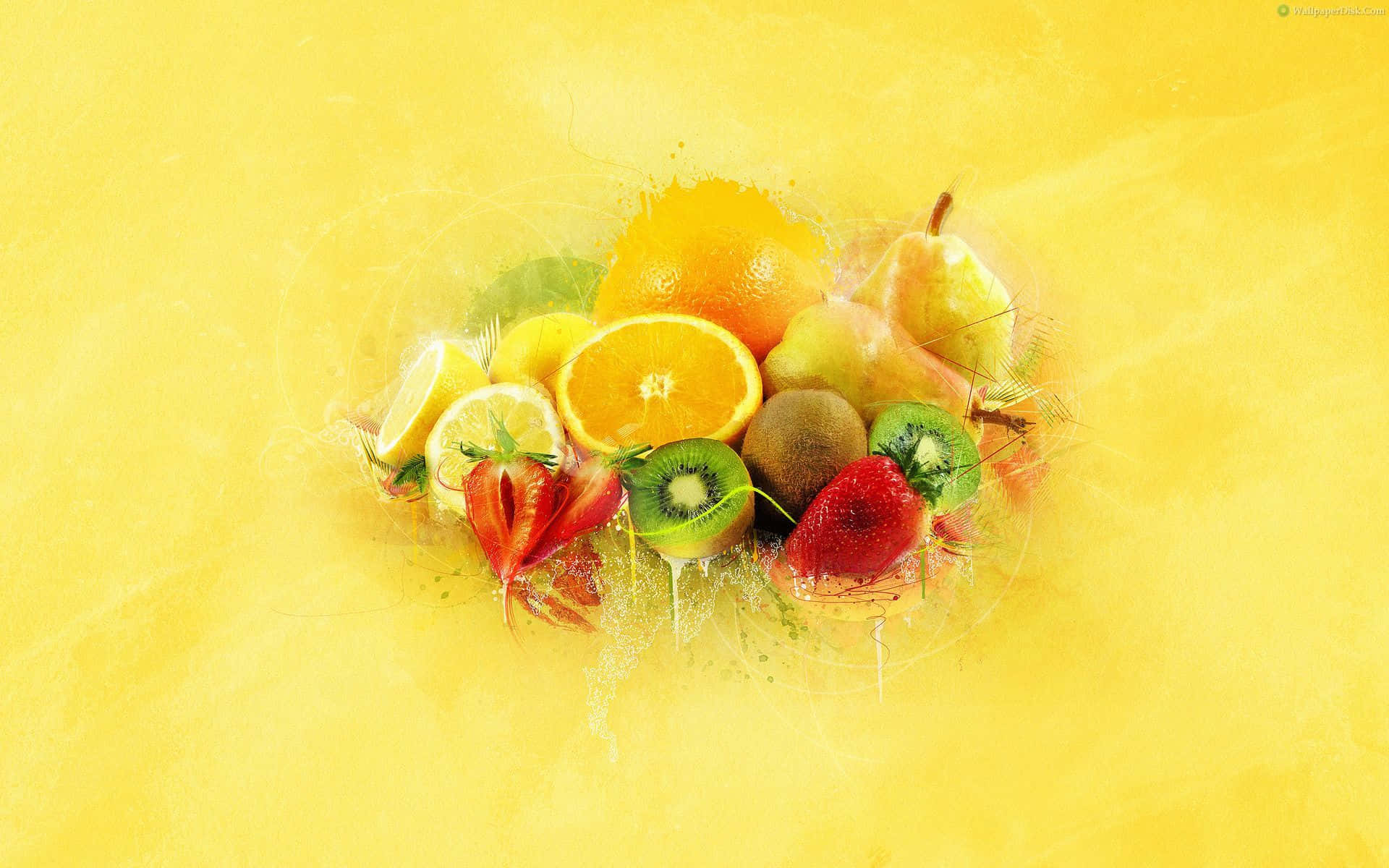 Kawaii Fruit 桌布 壁紙 — 色彩繽紛的切片柑橘、奇異果、草莓和梨子在帶有紋理的金黃色背景上閃耀。