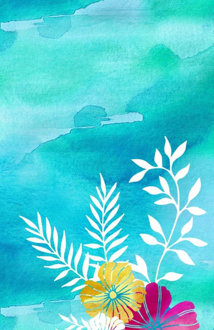 色彩繽紛的創作 壁紙 — 充滿活力的白色花卉剪影和色彩繽紛的花朵漂浮在夢幻般的藍綠色水彩漸變背景上。