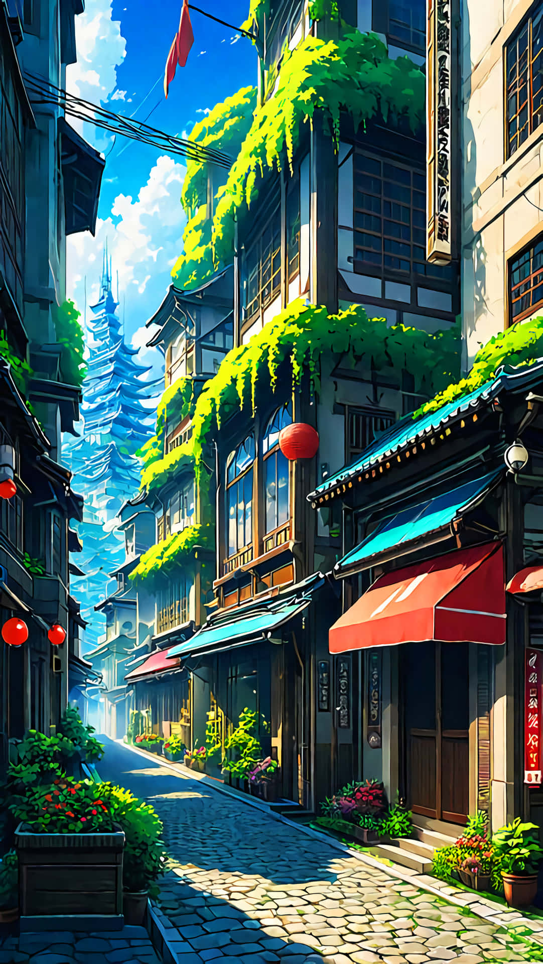 色彩繽紛的動漫村莊壁紙 壁紙 — 一條陽光普照的鵝卵石小巷，位於傳統的日本小鎮，建築物上垂掛著茂密的綠色藤蔓，頭頂上掛著紅色燈籠。