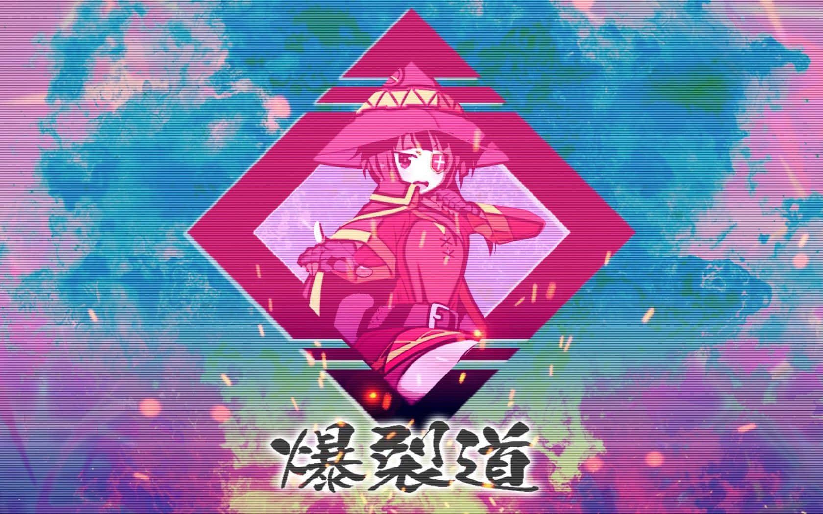 身穿紅色服裝和帽子的動漫女孩，在一個帶有故障效果和日語文字的發光粉紅色鑽石內。