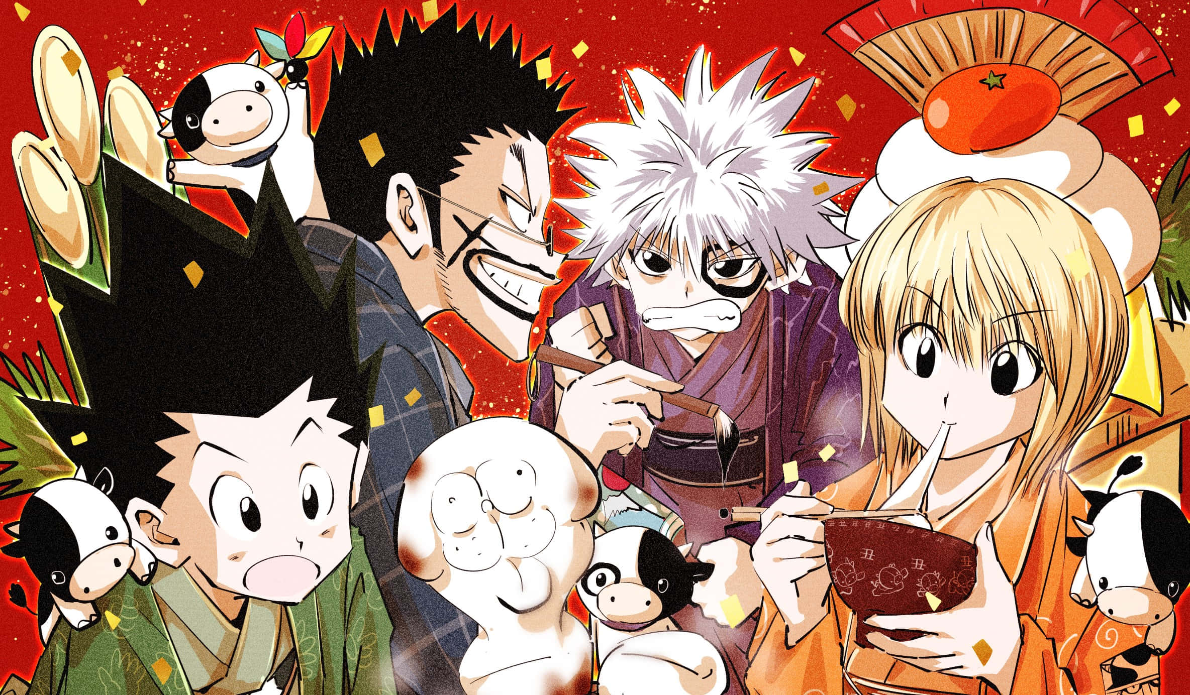 Leorio Paradinight 桌布 壁紙 — 色彩繽紛的動漫角色穿著節慶和服，圍繞著一張擺滿食物和牛公仔的桌子，背景是紅色紙屑。