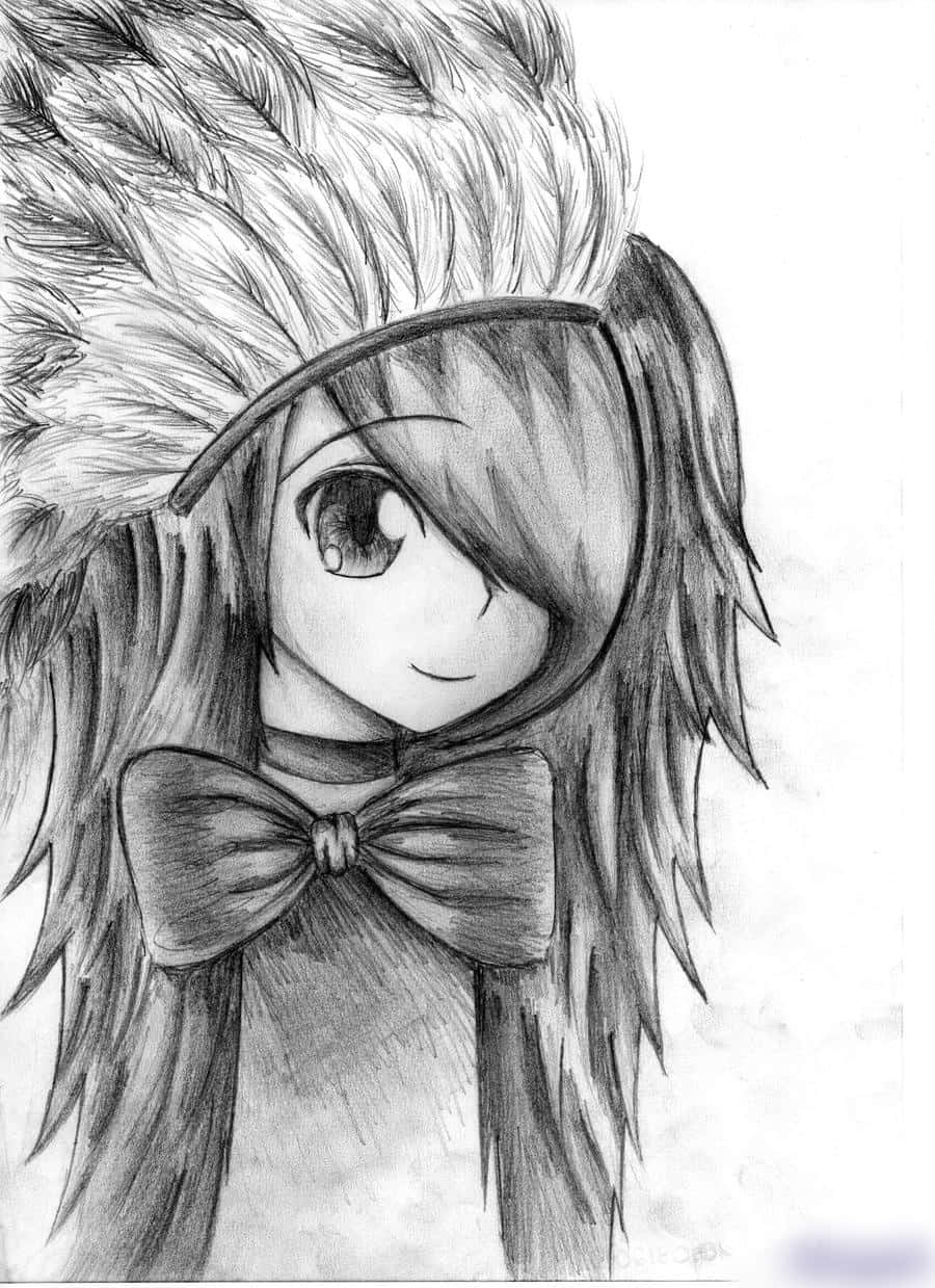 色彩繽紛的動漫風景插畫 壁紙 — 一個詳細的鉛筆素描，描繪一位長髮動漫女孩，戴著羽毛頭飾和蝴蝶結。