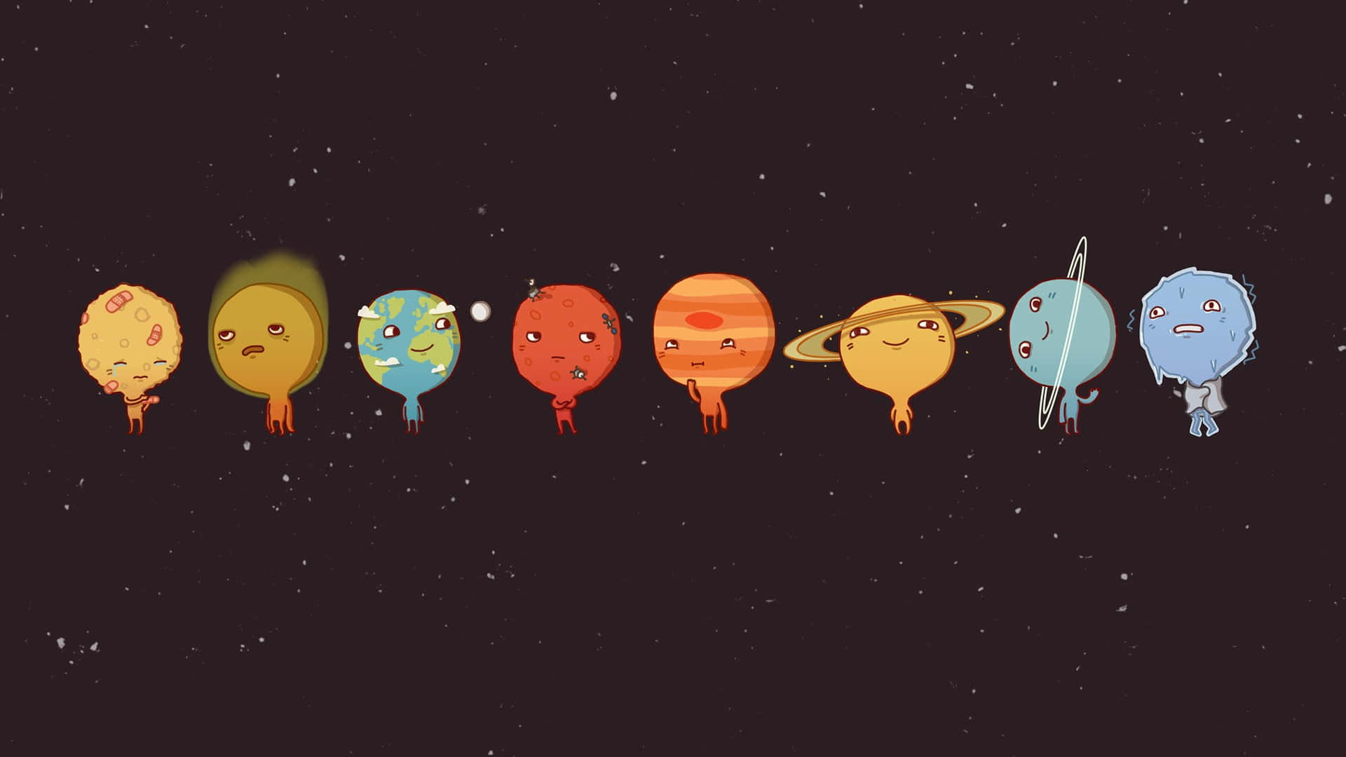 九個帶有面孔和四肢的可愛卡通行星漂浮在太空中。
