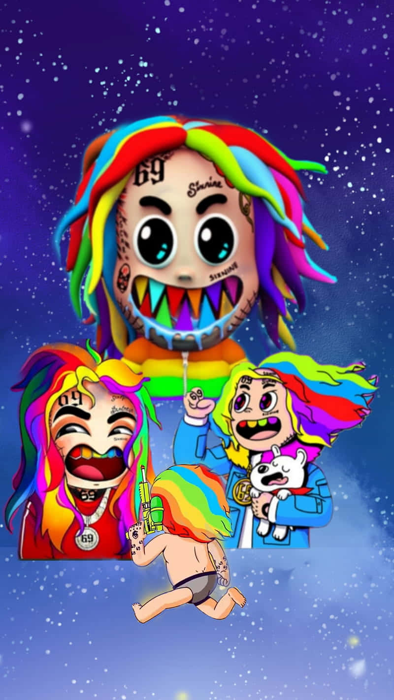 69 Rapper，Keef God 壁紙 — 色彩繽紛的卡通人物，擁有彩虹頭髮和紋身，在佈滿星星的紫色天空中飄浮，手持彩虹旗。