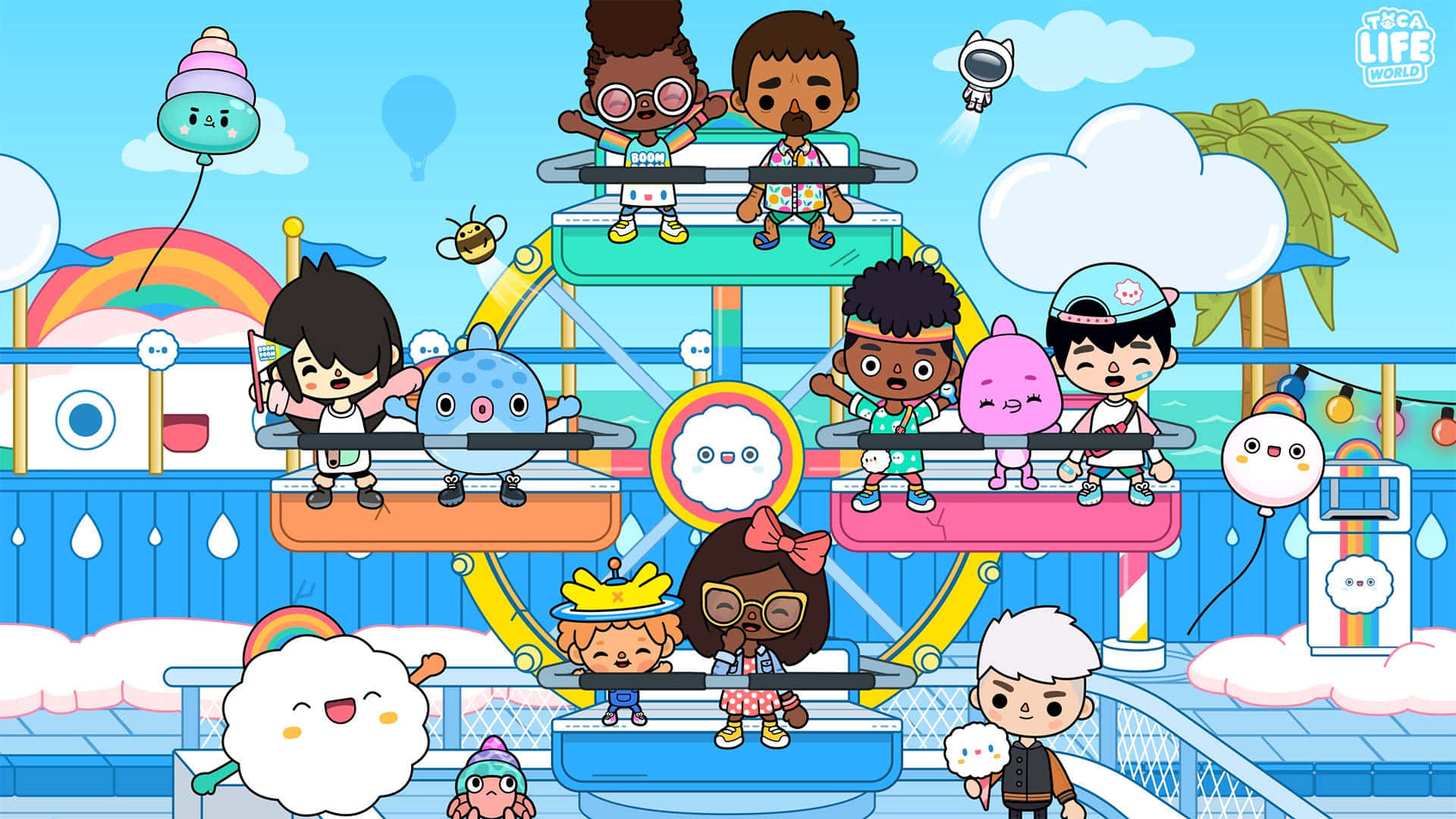 toca boca 桌布 壁紙 — 色彩繽紛的卡通人物在明亮的藍天下乘坐夢幻摩天輪，天空中有微笑的雲朵和彩虹氣球。