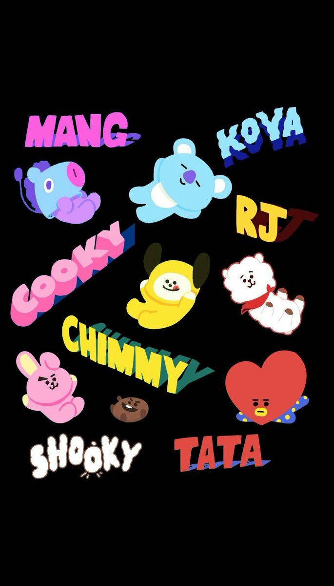 BT21 桌布 壁紙 — 色彩繽紛的卡通人物連名字在黑色背景上以俏皮散亂的方式漂浮。