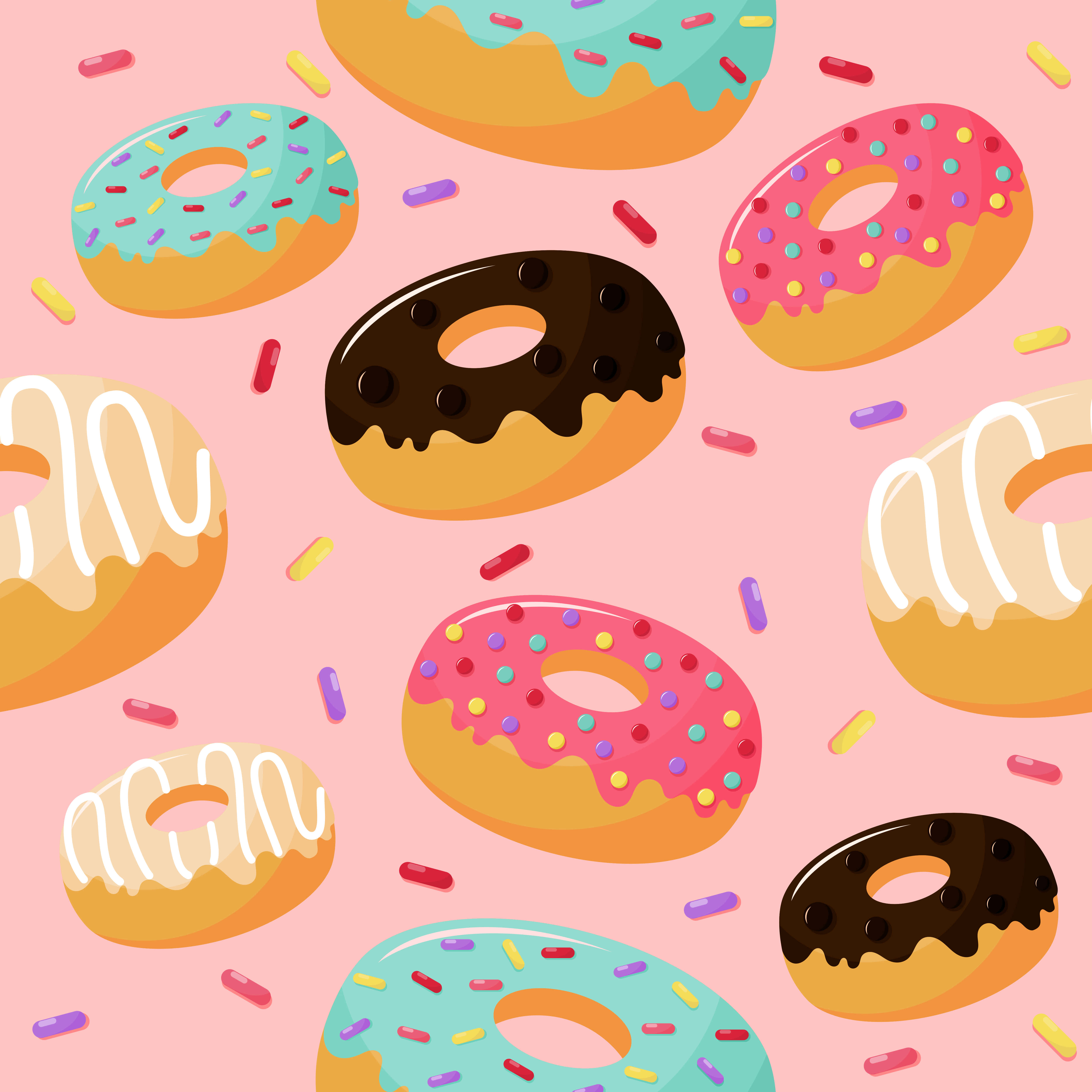 Cute Donut 桌布 壁紙 — 色彩繽紛的卡通冬甩，灑上糖霜和糖漿，漂浮在柔和的粉紅色背景上。