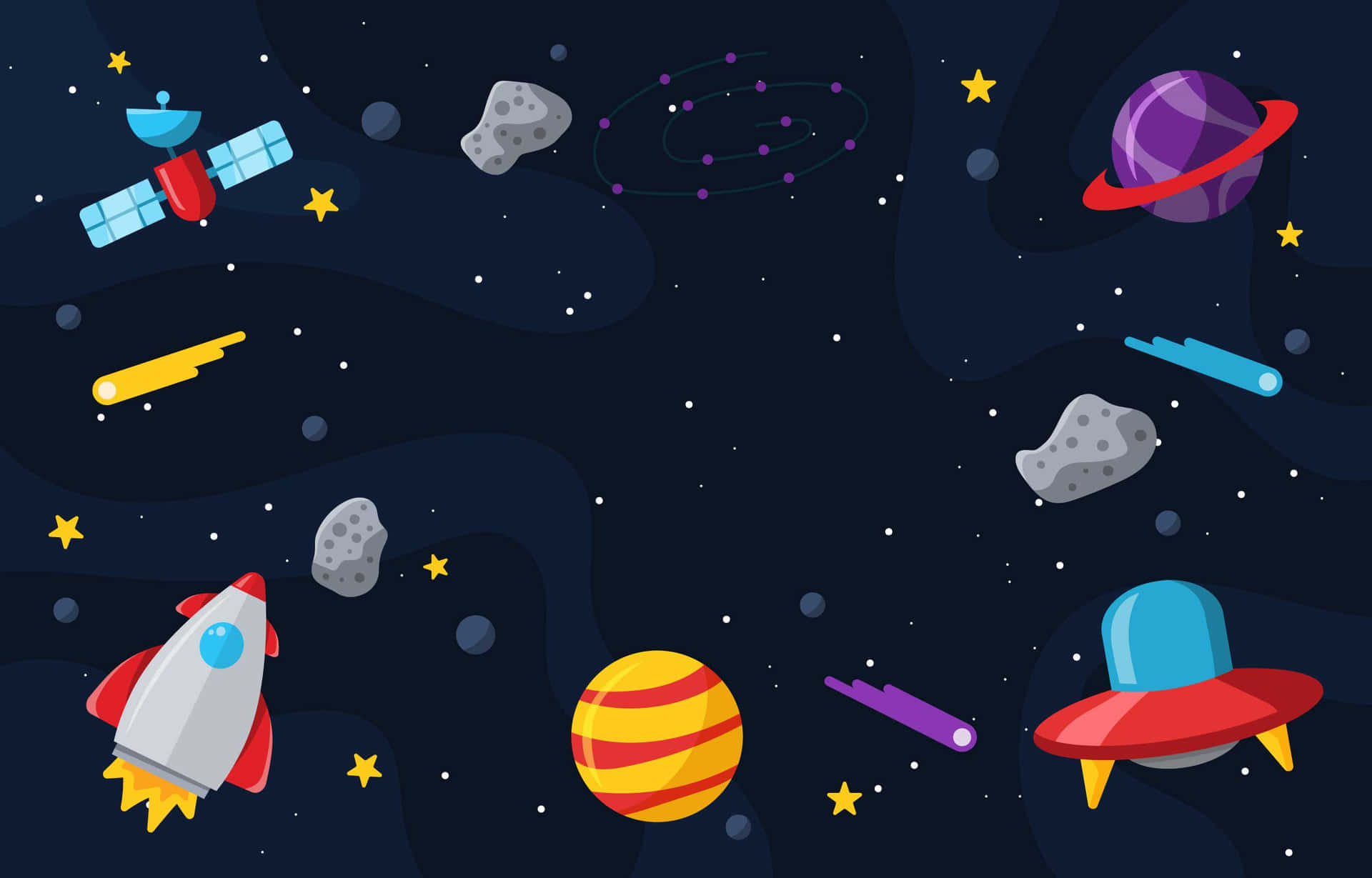 Animated Space 桌布 壁紙 — 色彩繽紛的卡通太空場景，火箭、UFO、行星和星星漂浮在黑暗的宇宙背景中。