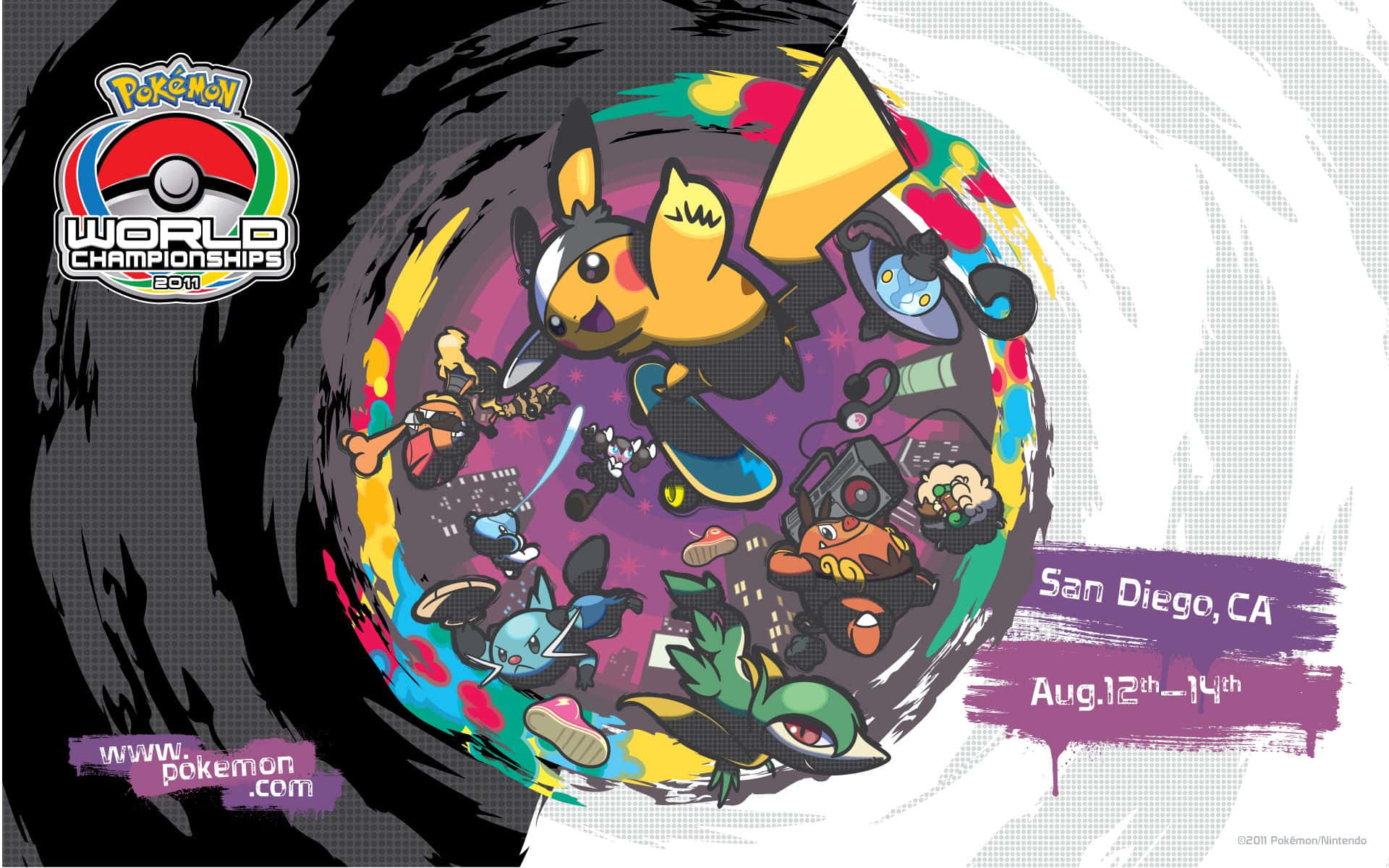 Pokemon World Championships 桌布 壁紙 — 色彩繽紛的卡通寵物小精靈角色從彩色旋轉的漩渦中迸發出來，背景為黑白半色調。