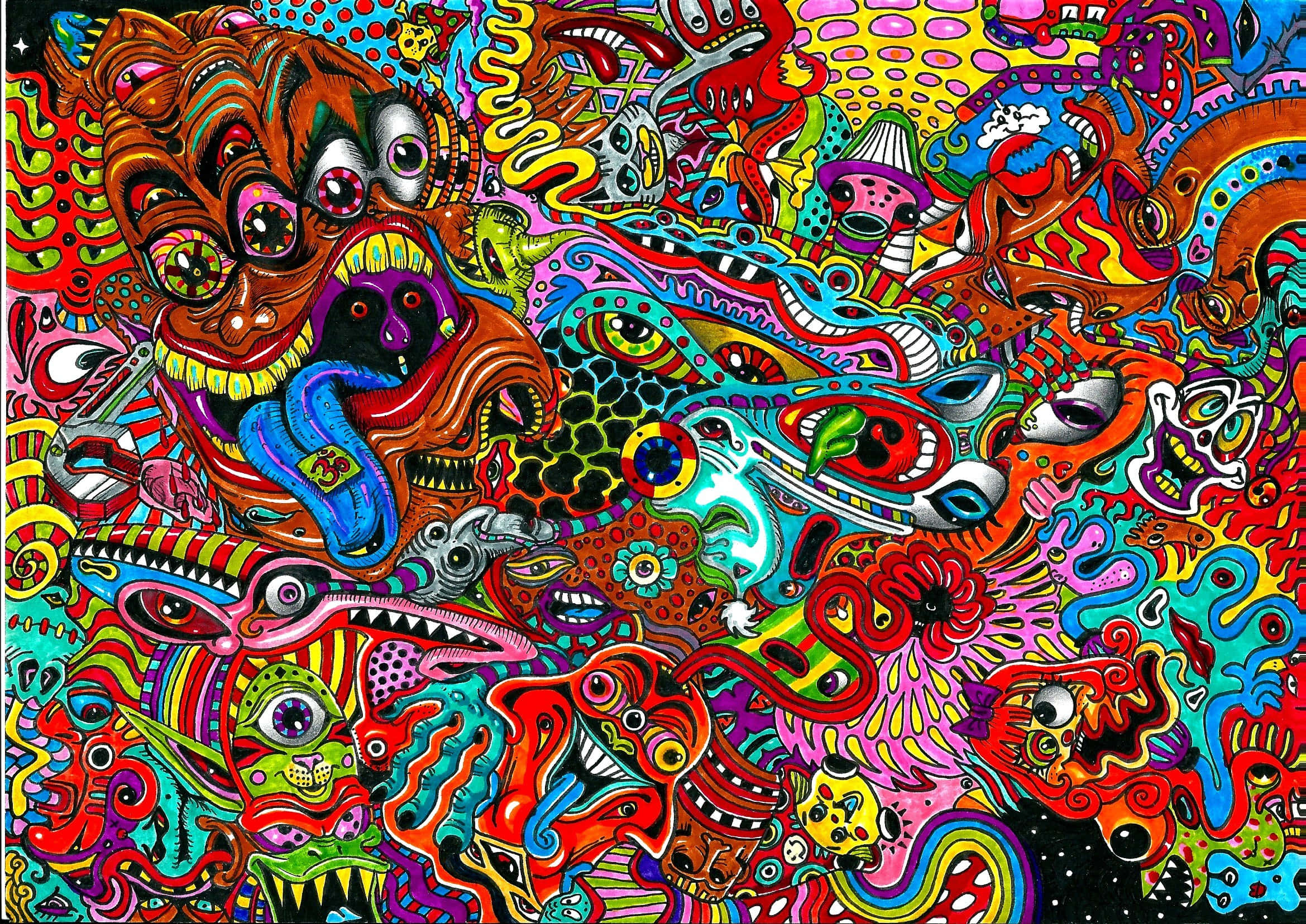Psychedelic 3d Art 桌布 壁紙 — 色彩繽紛的卡通怪物，有多隻眼睛和鋒利牙齒，形成混亂迷幻的爆發。