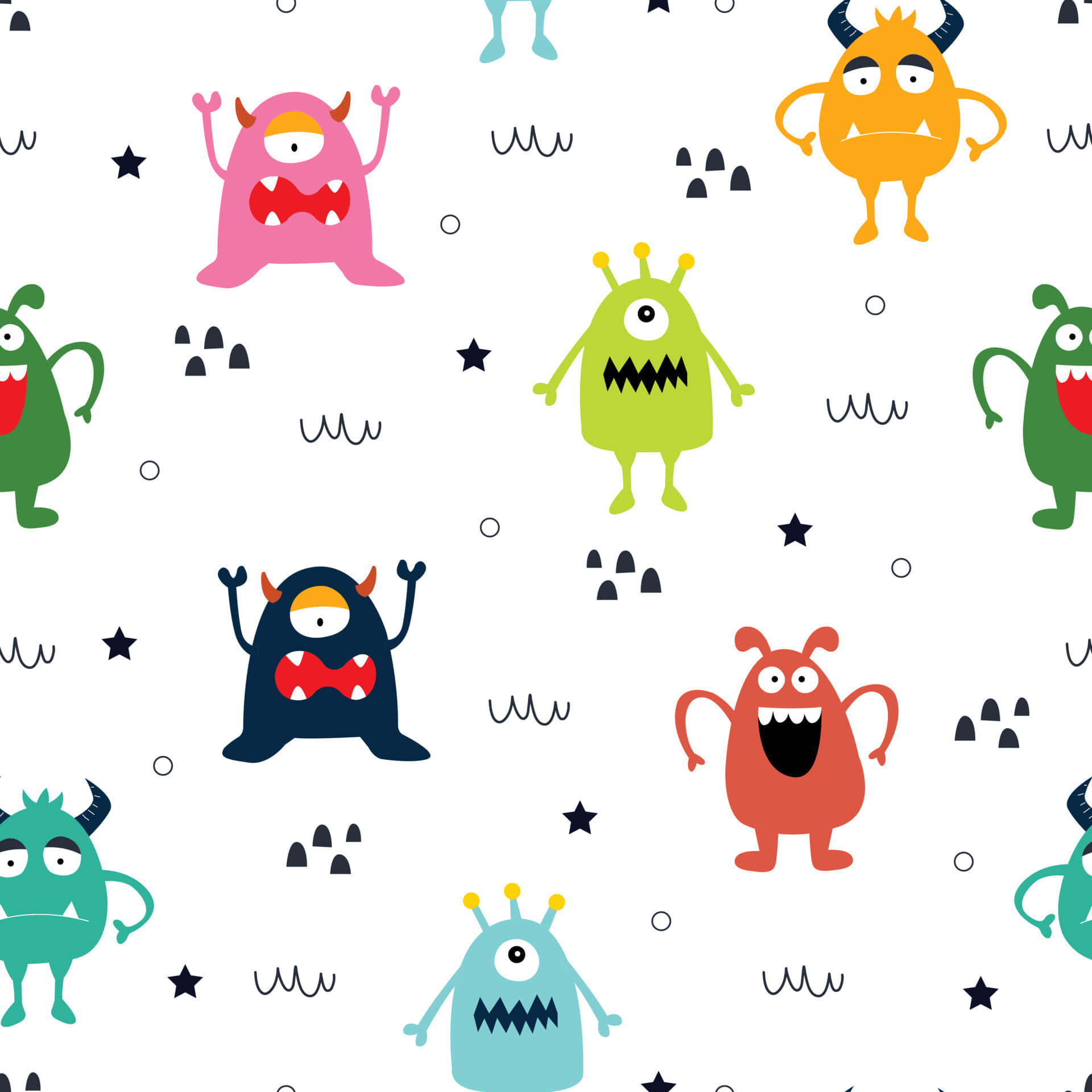 Kawaii Monster 桌布 壁紙 — 色彩繽紛的卡通怪物，有大眼睛和頑皮的表情，散落在帶有星星和塗鴉的白色背景上。