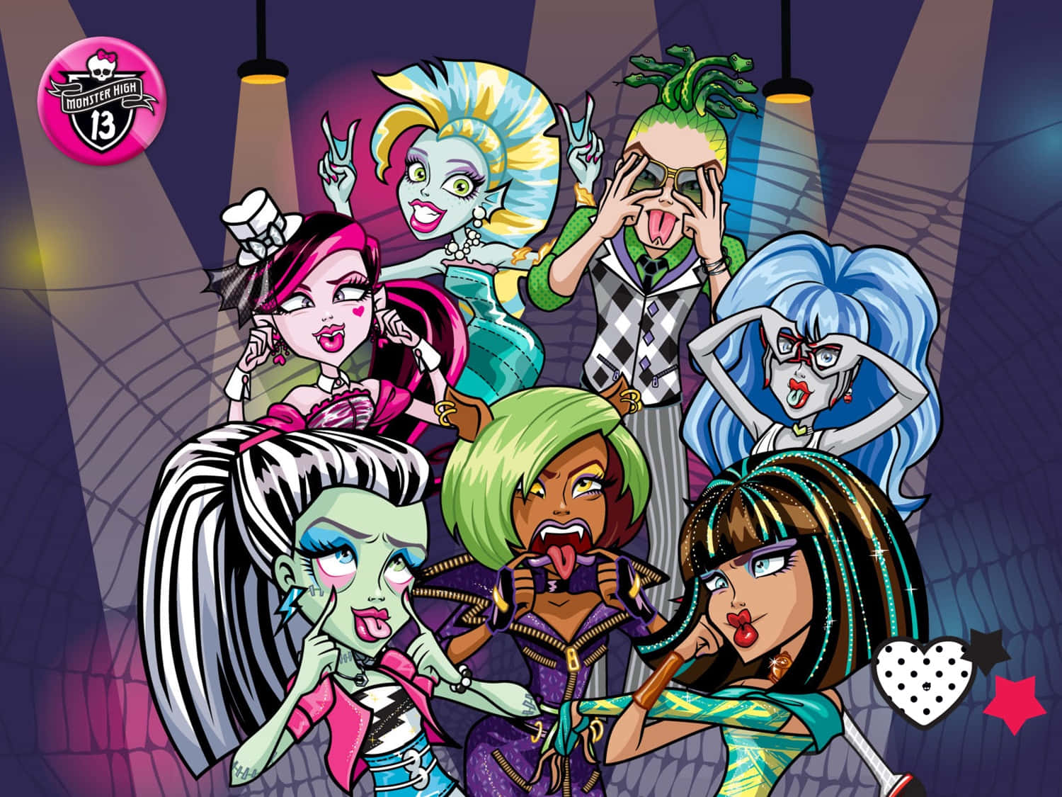 Monster High 桌布 壁紙 — 色彩繽紛的卡通怪物在舞台燈光下擺出俏皮姿勢，營造出色彩繽紛的夜店場景。