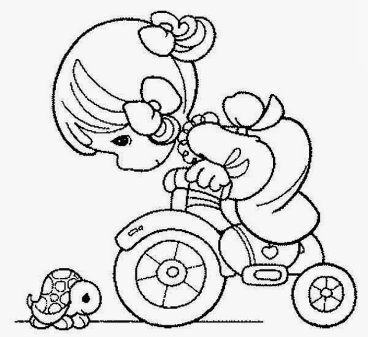 騎三輪車的女孩與烏龜同伴（線條藝術風格）