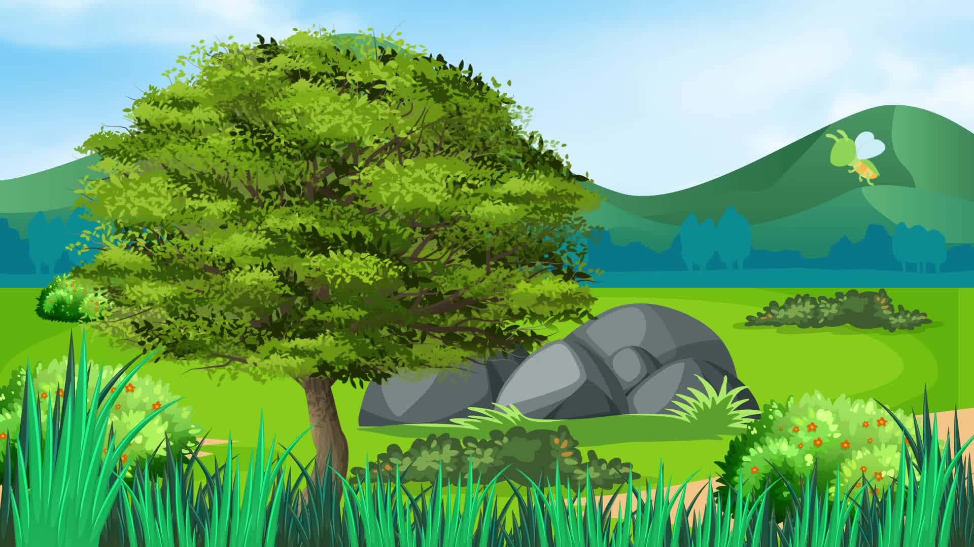 色彩繽紛的卡通森林 壁紙 — 一個充滿活力的卡通風景，草地上有一棵大樹和一個大石頭，遠處有山丘和一個飛翔的仙女。