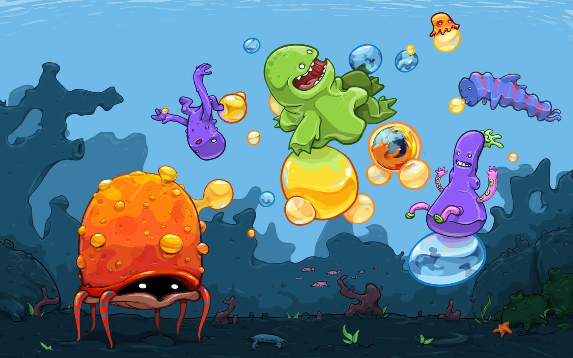 Kawaii Sea Creatures 桌布 壁紙 — 色彩繽紛的卡通海洋生物在充滿氣泡和珊瑚的活力海底場景中嬉戲漂浮和彈跳。
