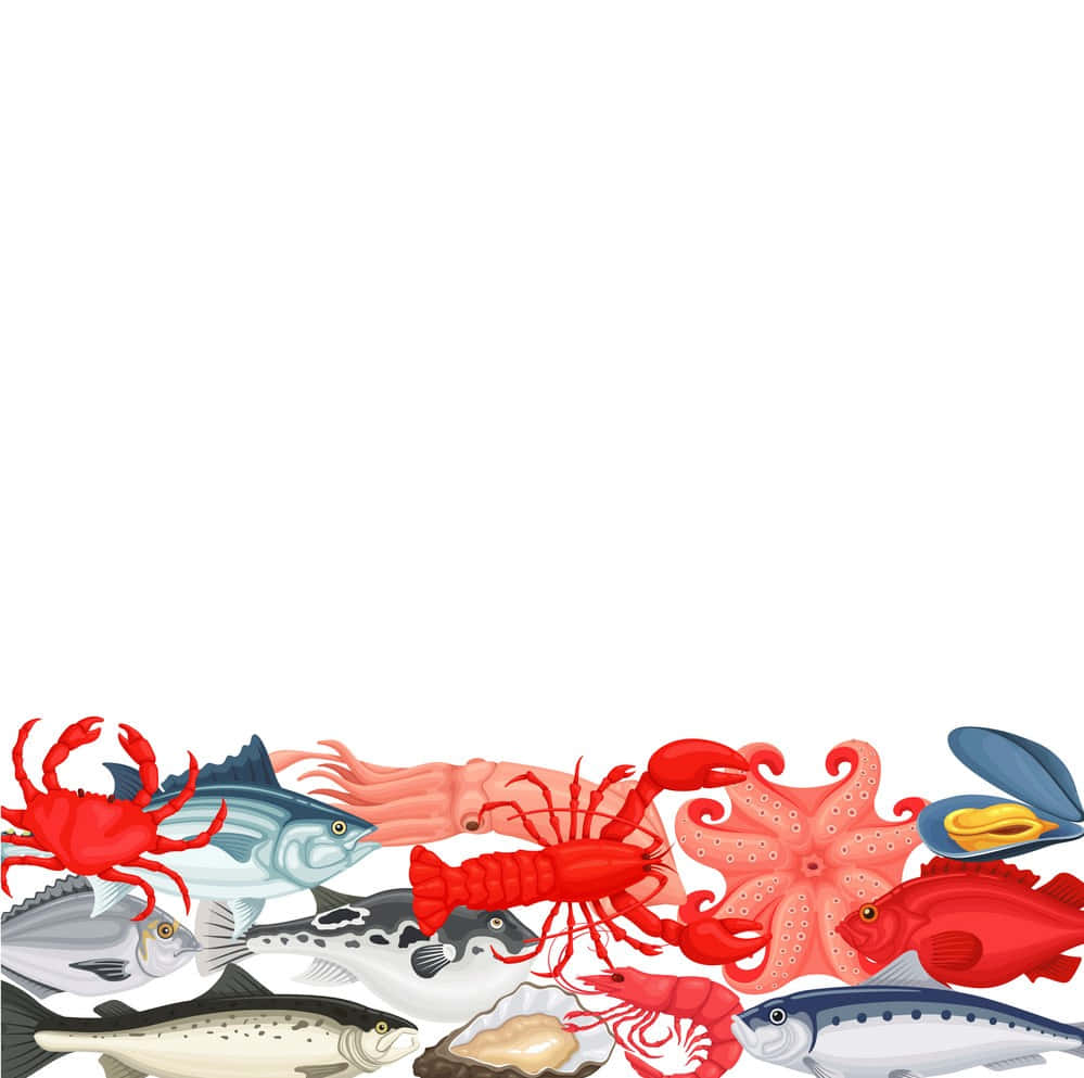 Seafood 桌布 壁紙 — 色彩繽紛的卡通海鮮邊框，包括蟹、龍蝦、八爪魚和魚，沿底部邊緣排列。