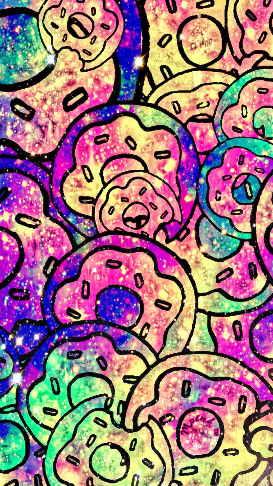 Kawaii Galaxy 桌布 壁紙 — 色彩繽紛的卡通甜甜圈，搭配閃爍的宇宙背景，呈現彩虹色調。