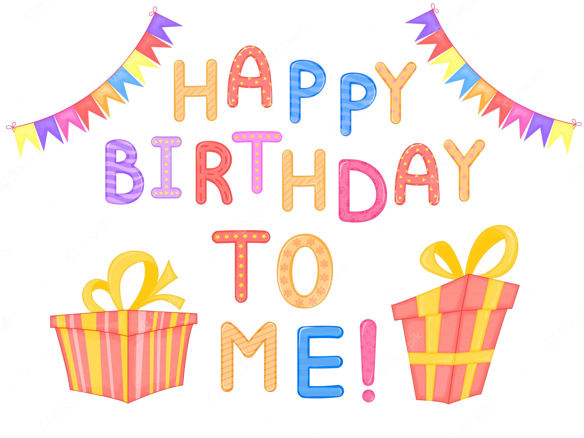 生日快樂俾自己 桌布 壁紙 — 色彩繽紛的卡通生日橫額，上面有「HAPPY BIRTHDAY TO ME！」文字和節日彩旗下的條紋禮物盒。