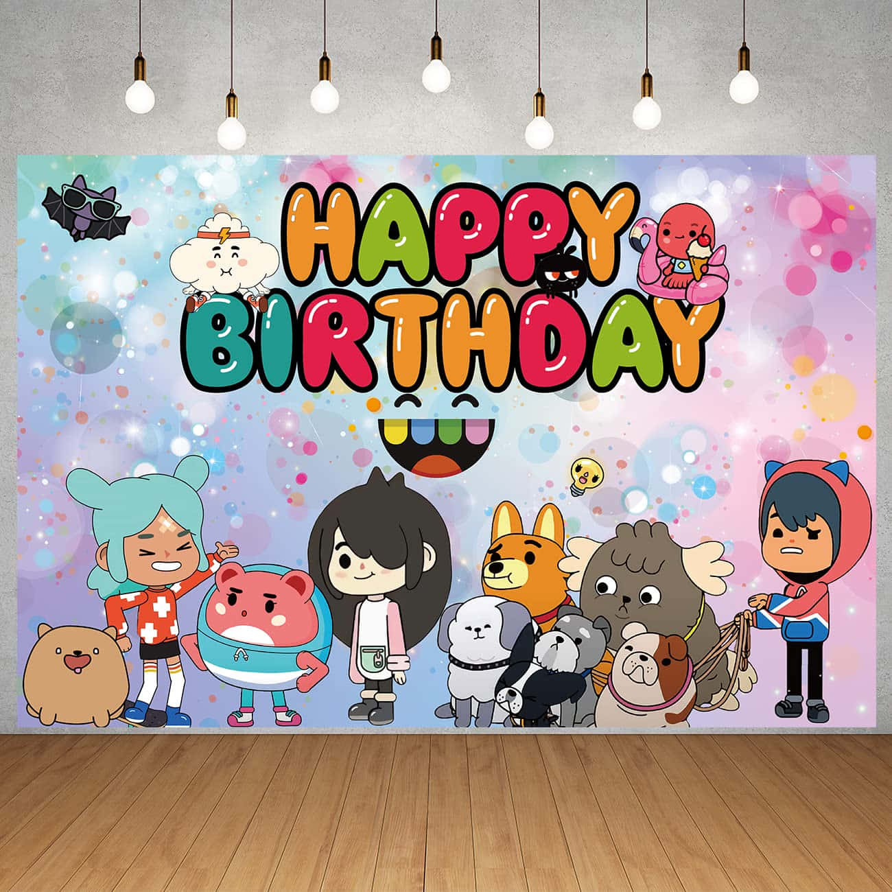 toca boca 桌布 壁紙 — 色彩繽紛的卡通生日背景，可愛角色與彩虹「生日快樂」標誌，搭配閃爍漸變背景。