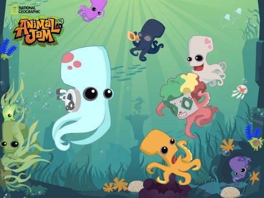 卡通章魚和海洋生物在充滿活力的水下珊瑚礁中游泳。 — 水母 GIF 壁紙