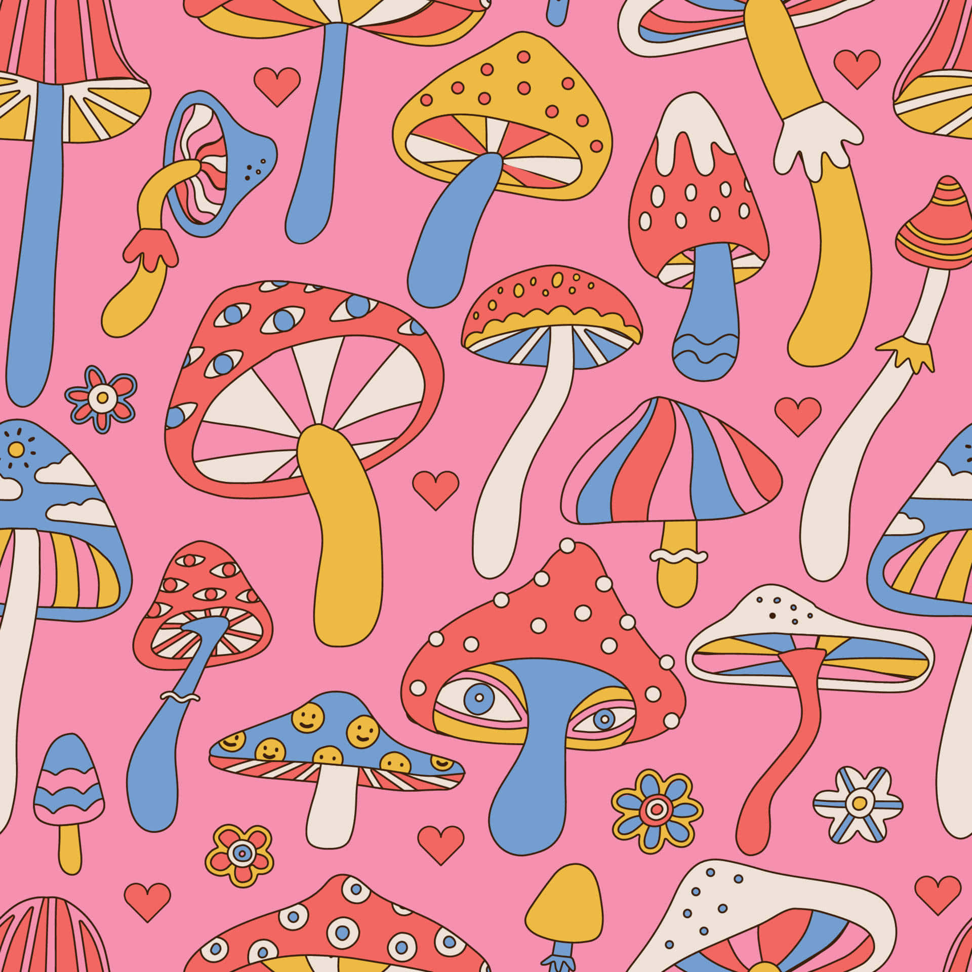 Trippy Mushroom 桌布 壁紙 — 色彩繽紛的卡通蘑菇，帶有眼睛和心形，在粉紅色背景上以俏皮的重複圖案漂浮。