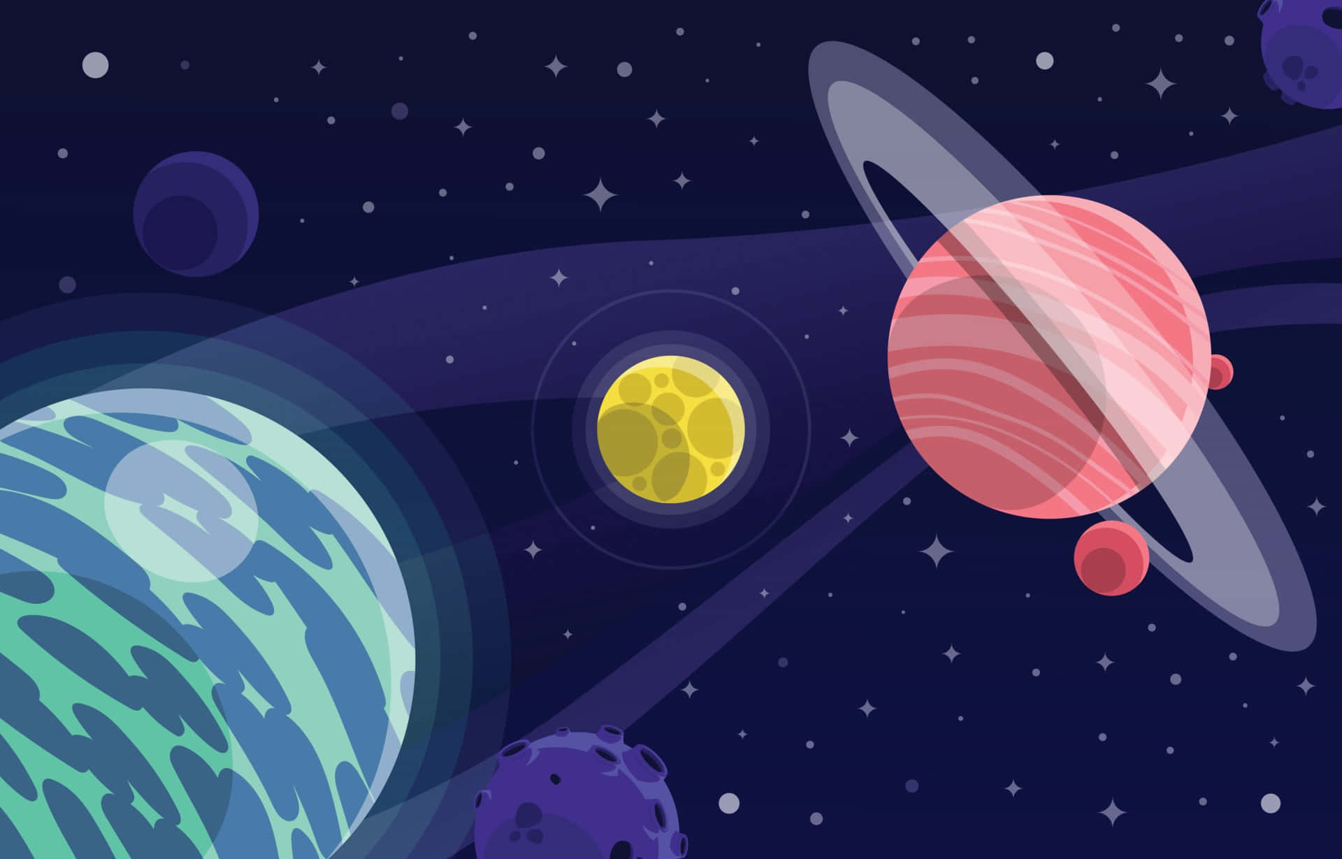 Animated Space 桌布 壁紙 — 色彩繽紛的卡通行星帶有光環和衛星，漂浮在繁星點點的宇宙夜空。