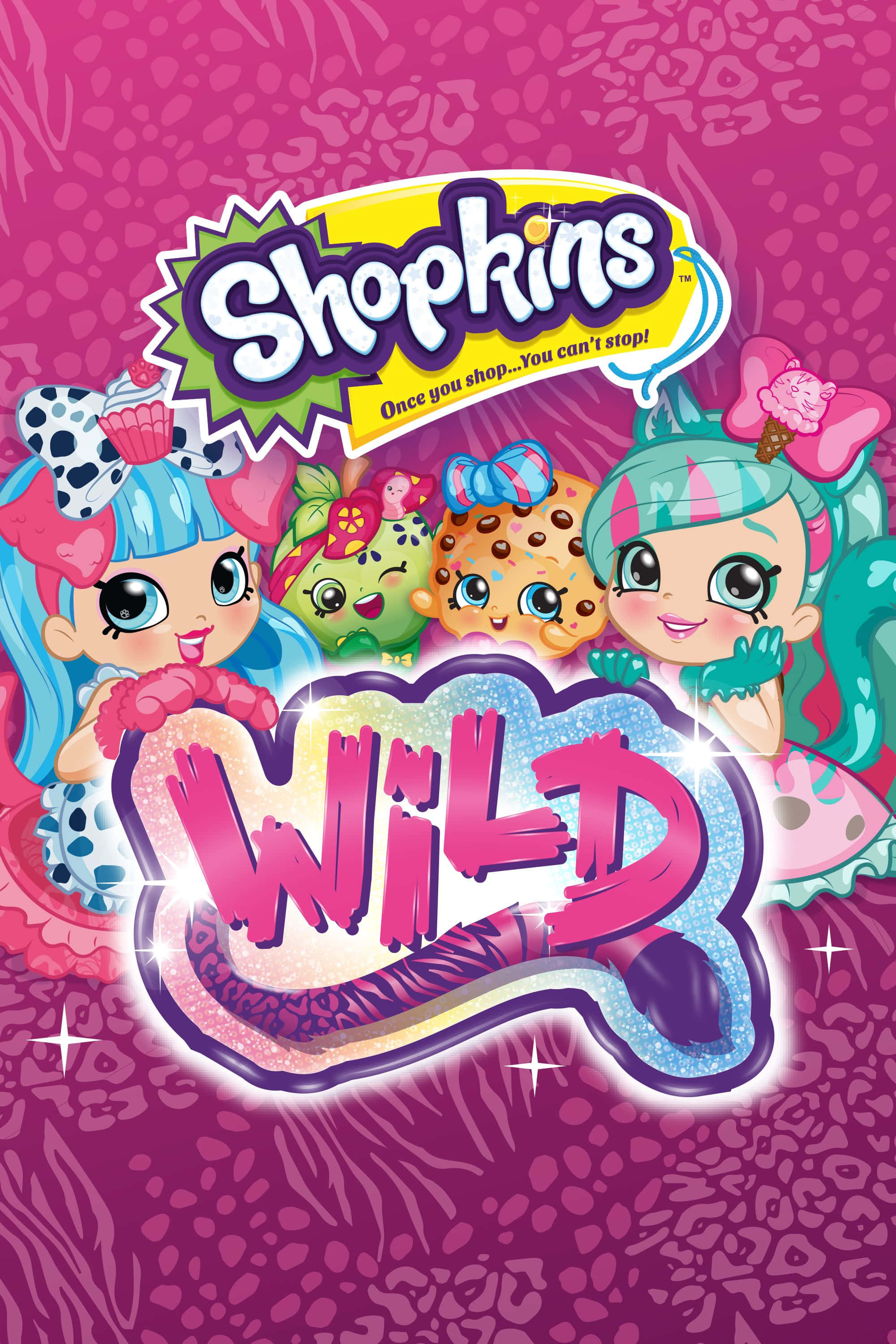 Shopkins 桌布 壁紙 — 色彩繽紛的卡通角色，擁有彩色頭髮和蝴蝶結，在粉紅色豹紋背景上圍繞閃亮的「WILD」標誌微笑。