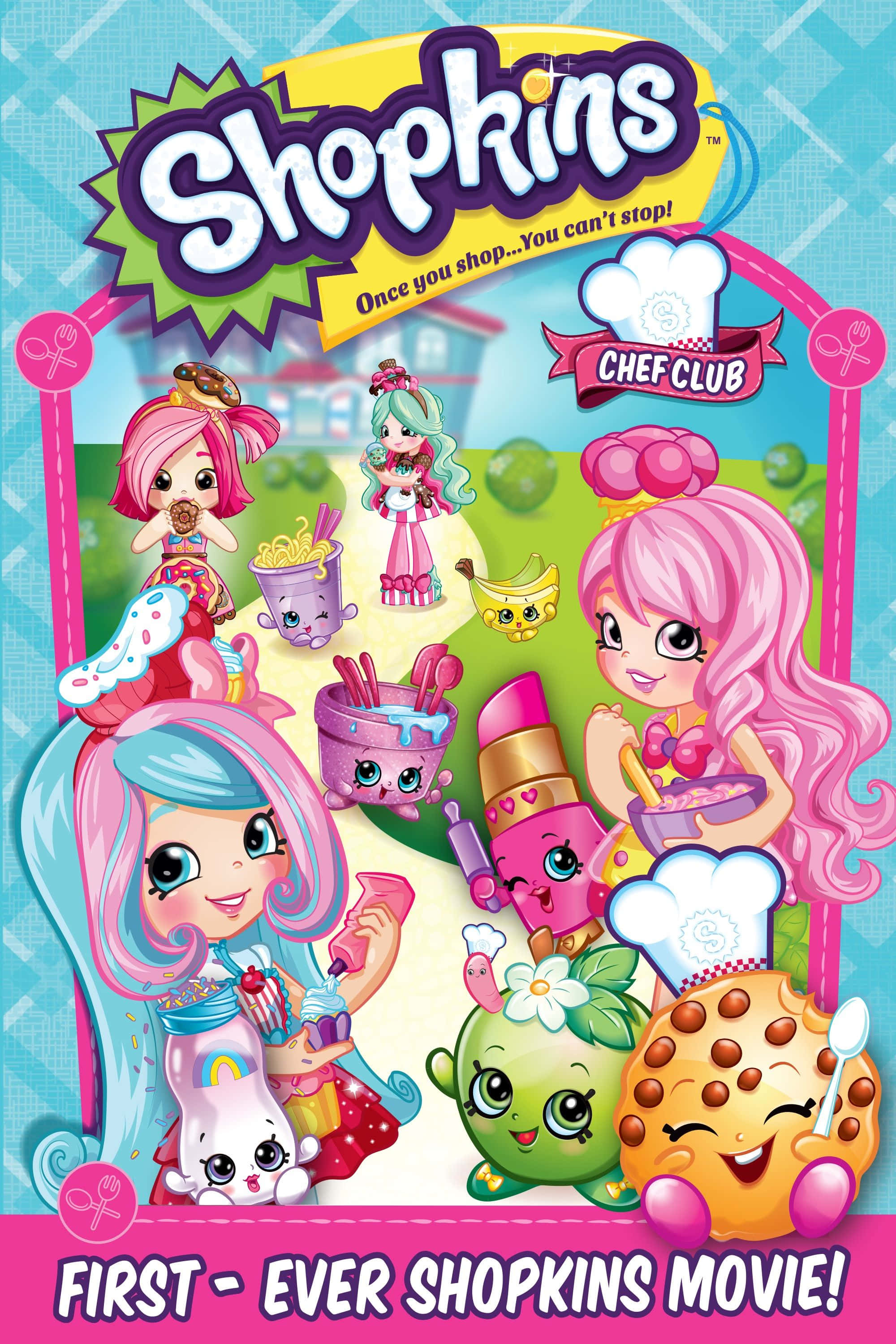 Shopkins 桌布 壁紙 — 色彩繽紛的卡通角色，粉紅色頭髮和廚師帽，在色彩繽紛的廚房場景中烹製甜點。