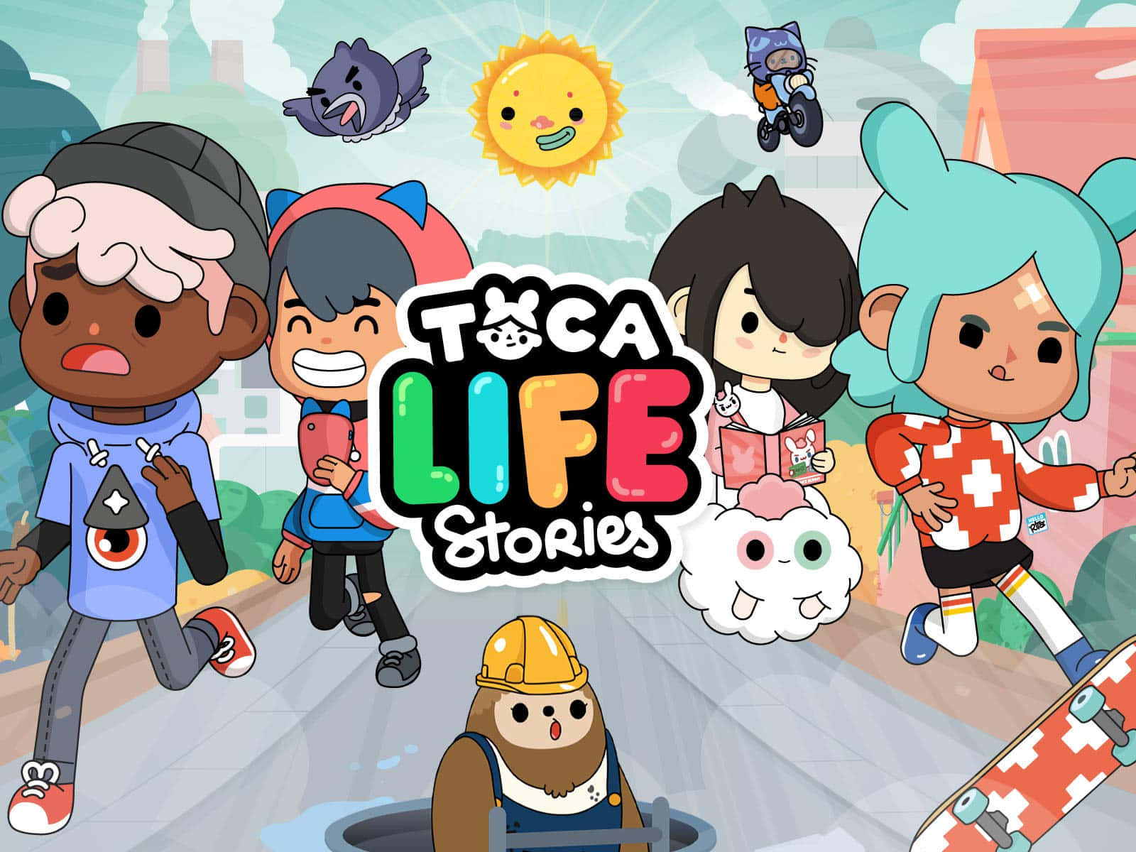 toca boca 桌布 壁紙 — 色彩繽紛的卡通角色在微笑的太陽下，於充滿活力的城市場景中嬉戲互動。