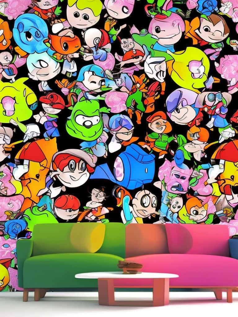 Cartoon Characters 桌布 壁紙 — 色彩繽紛的卡通角色在混亂拼貼壁紙中，位於一張色彩鮮豔的現代沙發和咖啡桌後方。