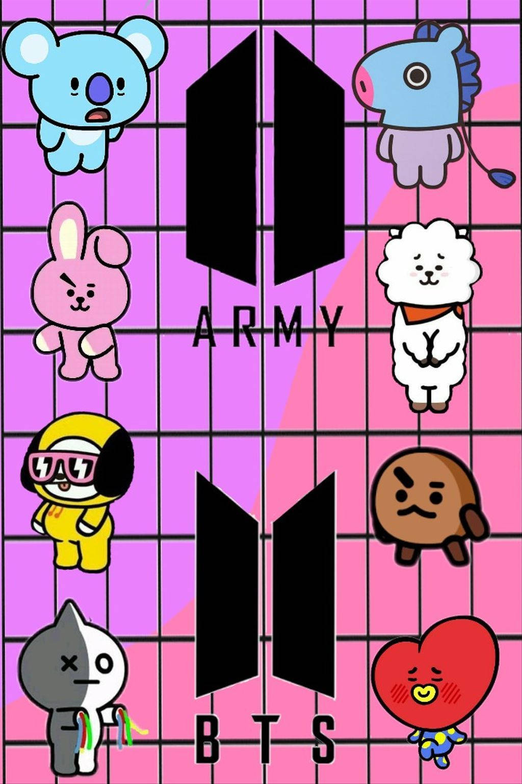 Cooky Bt21 Pink BTS Logo 壁紙 — 色彩繽紛的卡通角色在粉紅色網格背景上圍繞BTS標誌漂浮。